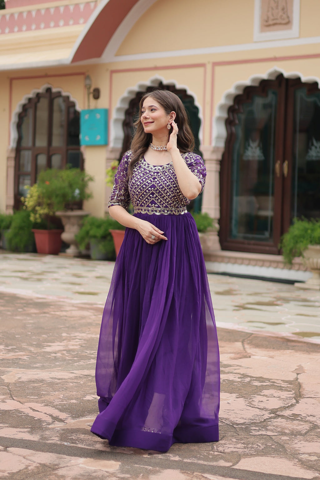 Purple embroidered Nirvi designer flared Anarkali gown
