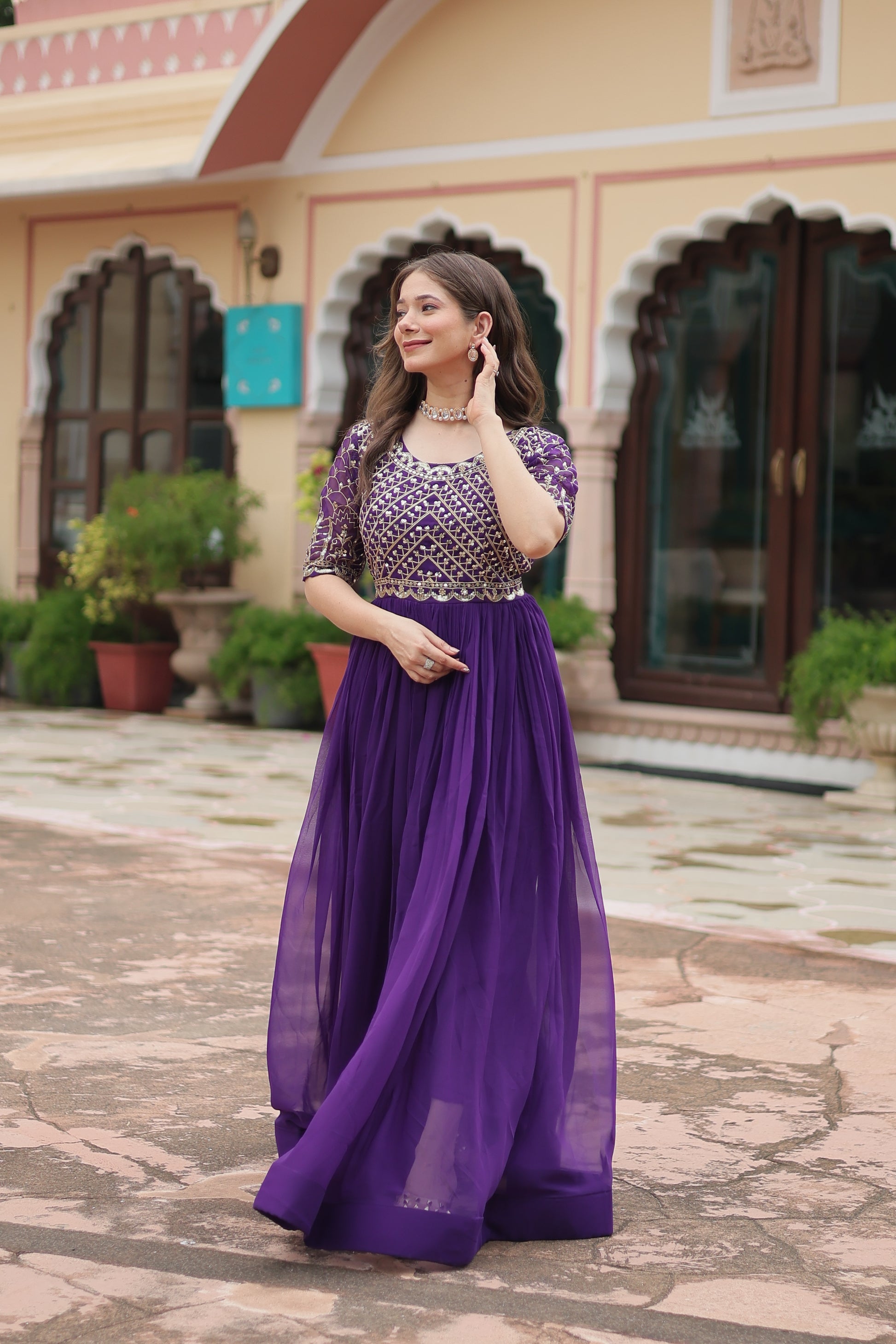 Purple embroidered Nirvi designer flared Anarkali gown