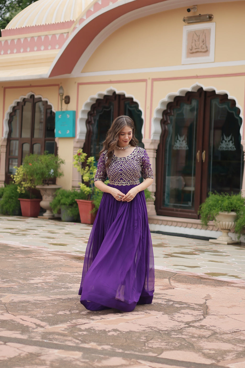 Purple embroidered Nirvi designer flared Anarkali gown