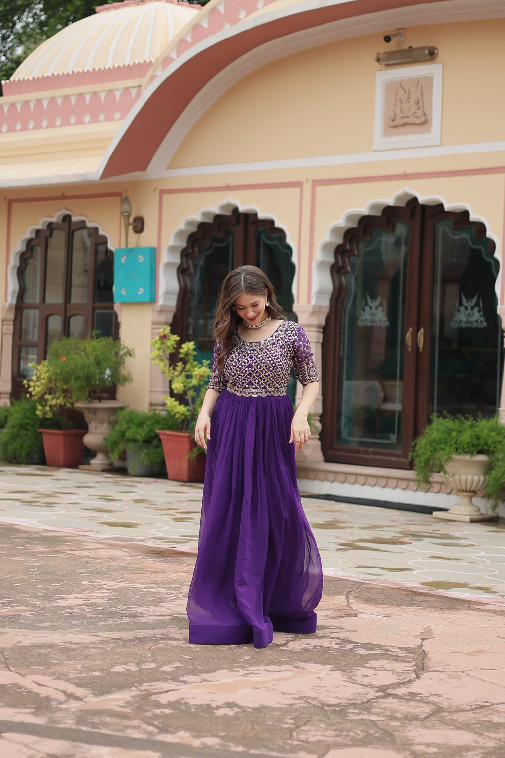 Purple embroidered Nirvi designer flared Anarkali gown