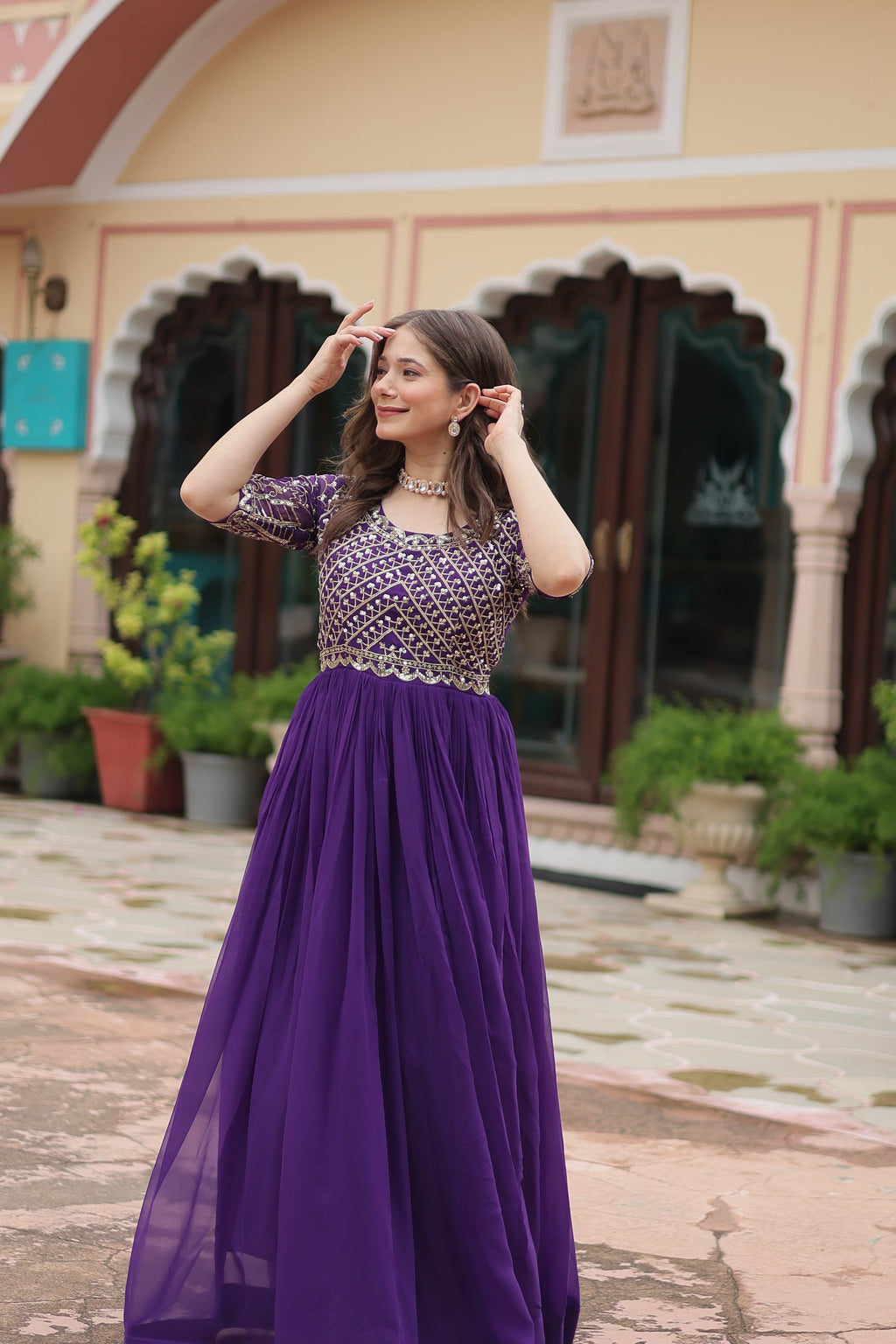 Purple embroidered Nirvi designer flared Anarkali gown