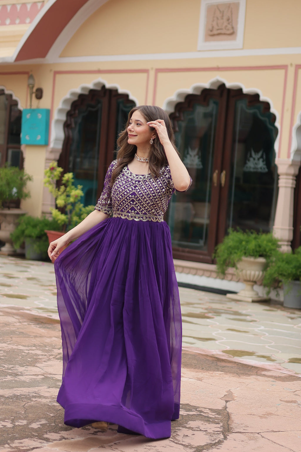 Purple embroidered Nirvi designer flared Anarkali gown
