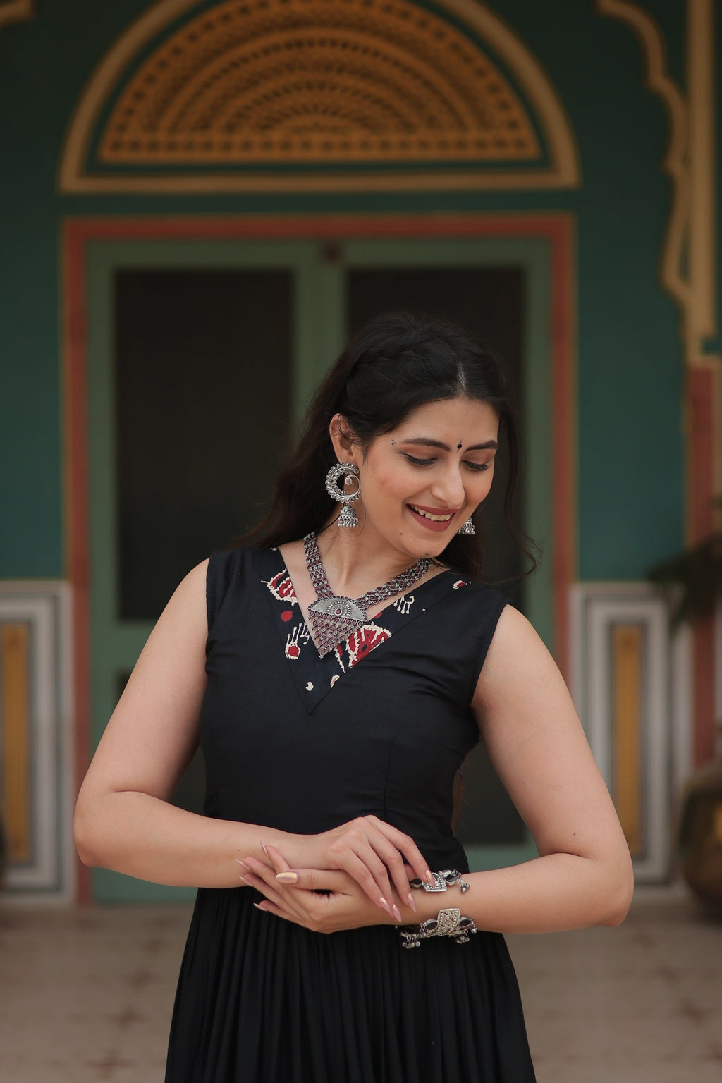 Black printed rayon Nishka designer Anarkali gown