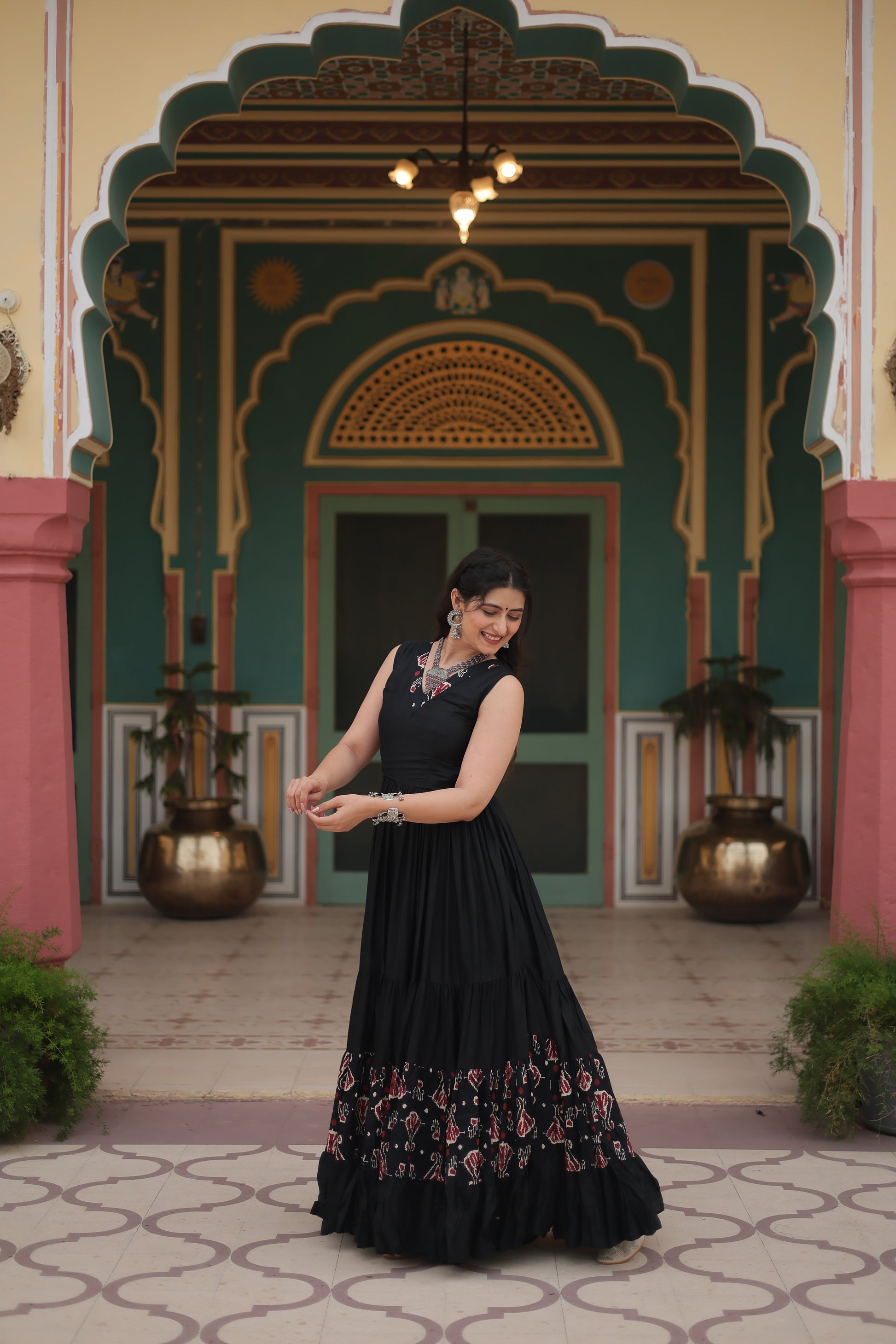 Black printed rayon Nishka designer Anarkali gown