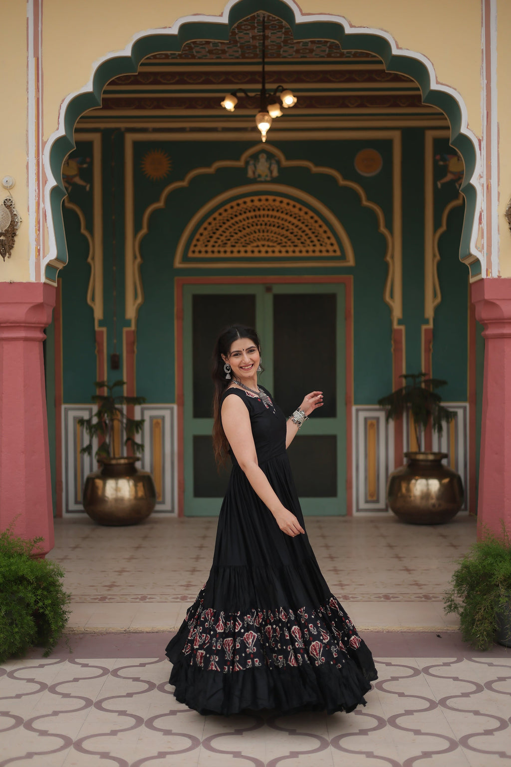 Black printed rayon Nishka designer Anarkali gown