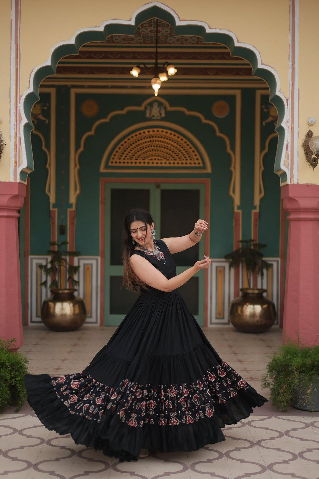 Black printed rayon Nishka designer Anarkali gown