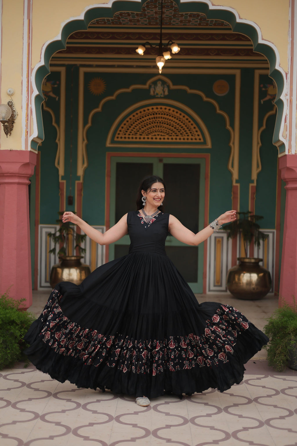 Black printed rayon Nishka designer Anarkali gown