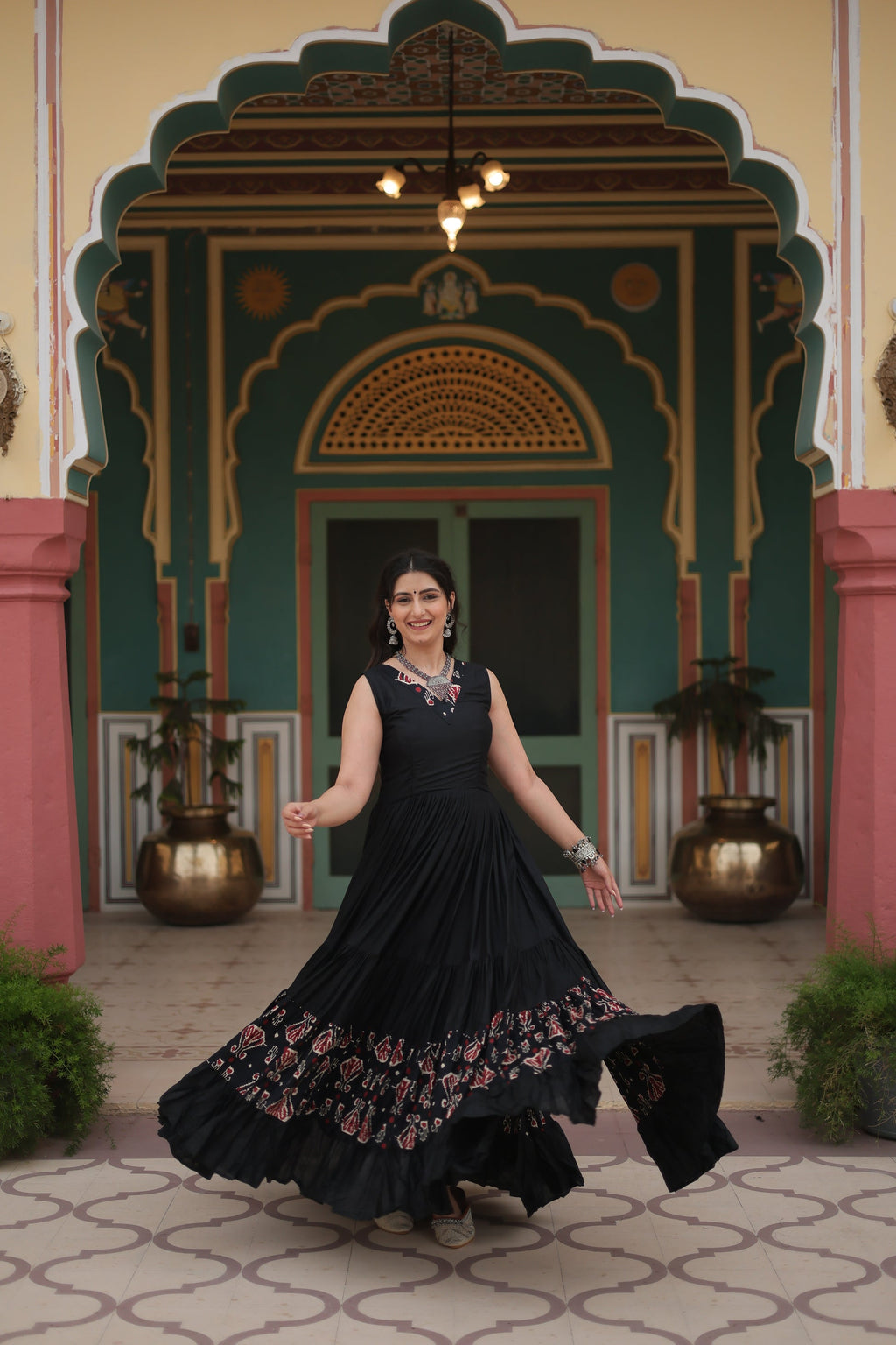 Black printed rayon Nishka designer Anarkali gown