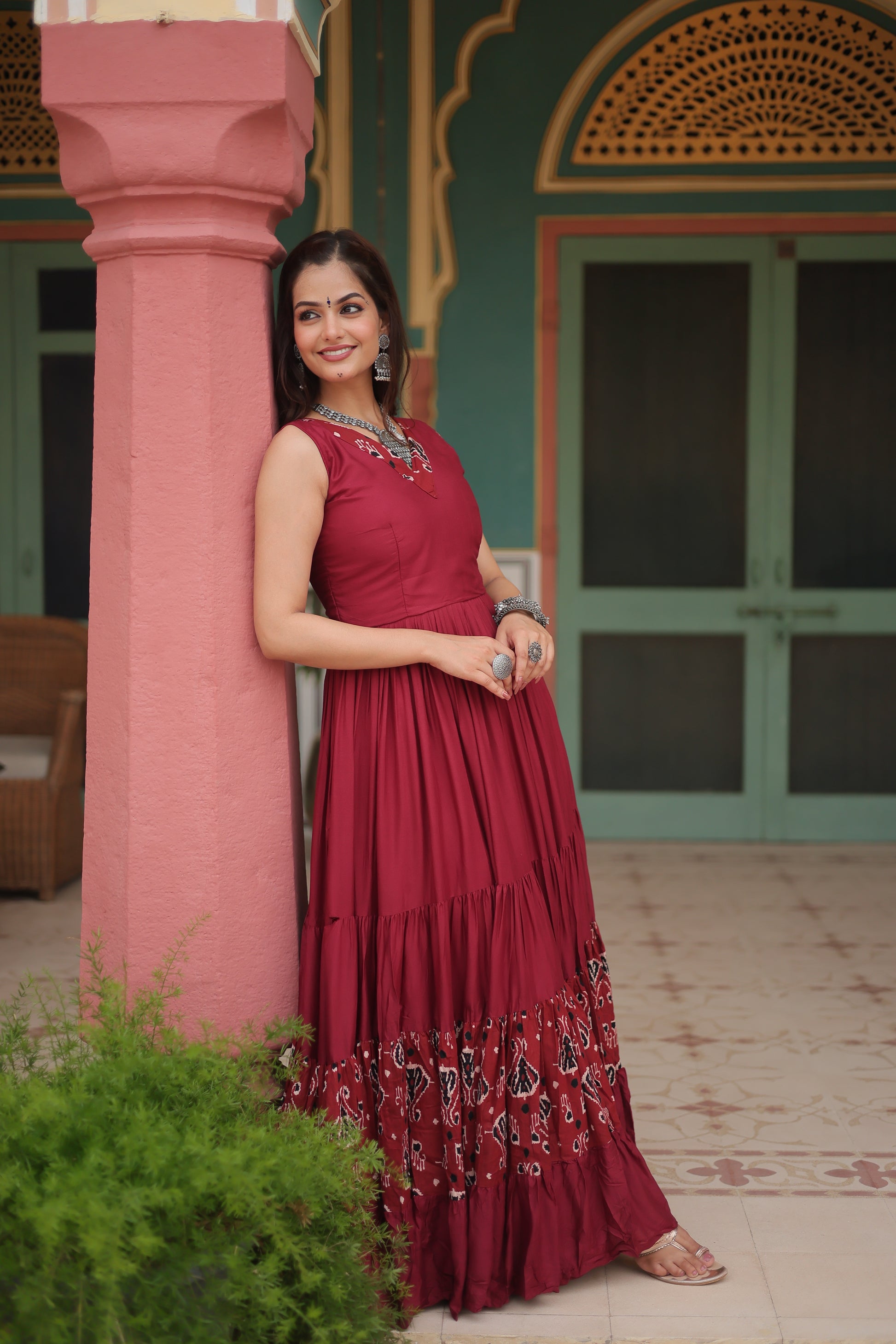 Nishka maroon festive wear printed Anarkali gown