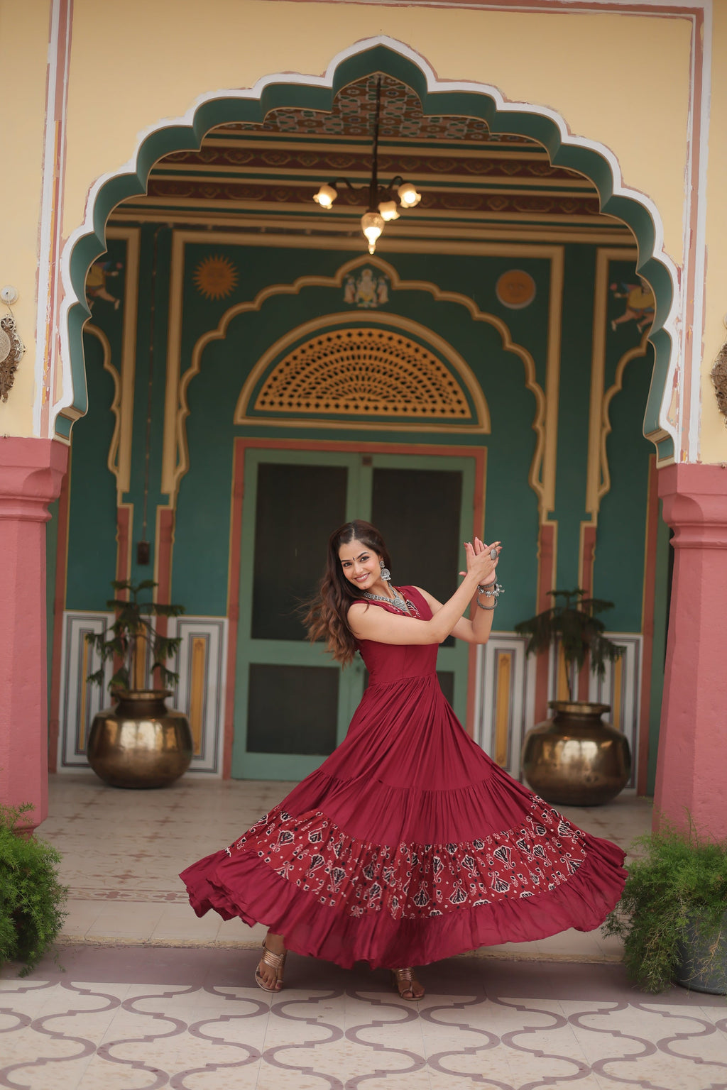 Nishka maroon festive wear printed Anarkali gown