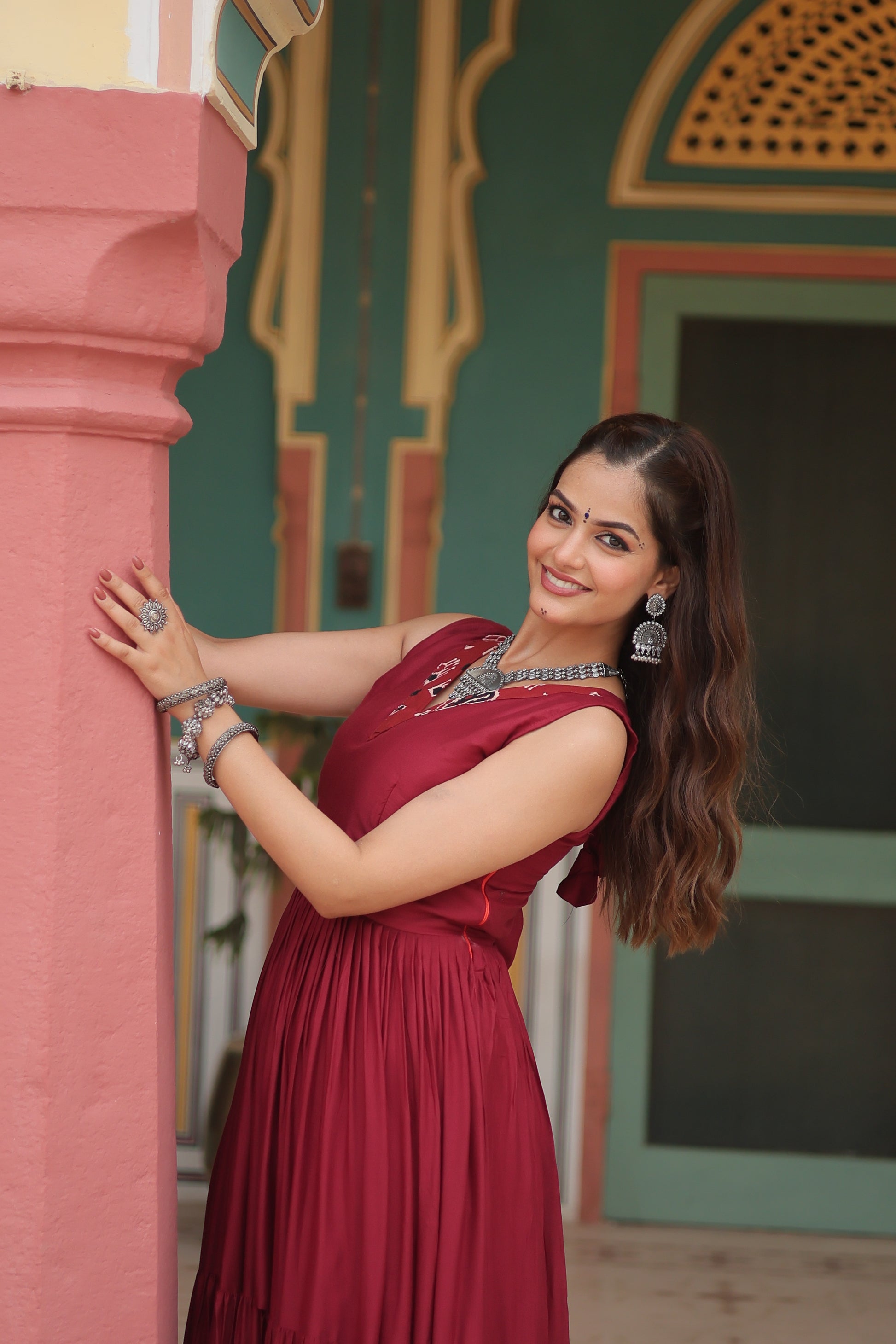 Nishka maroon festive wear printed Anarkali gown