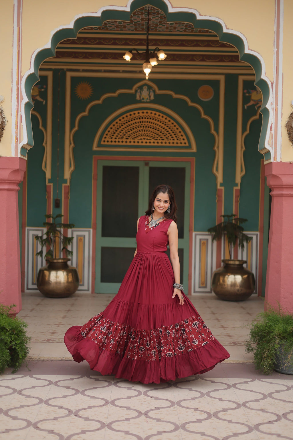 Nishka maroon festive wear printed Anarkali gown