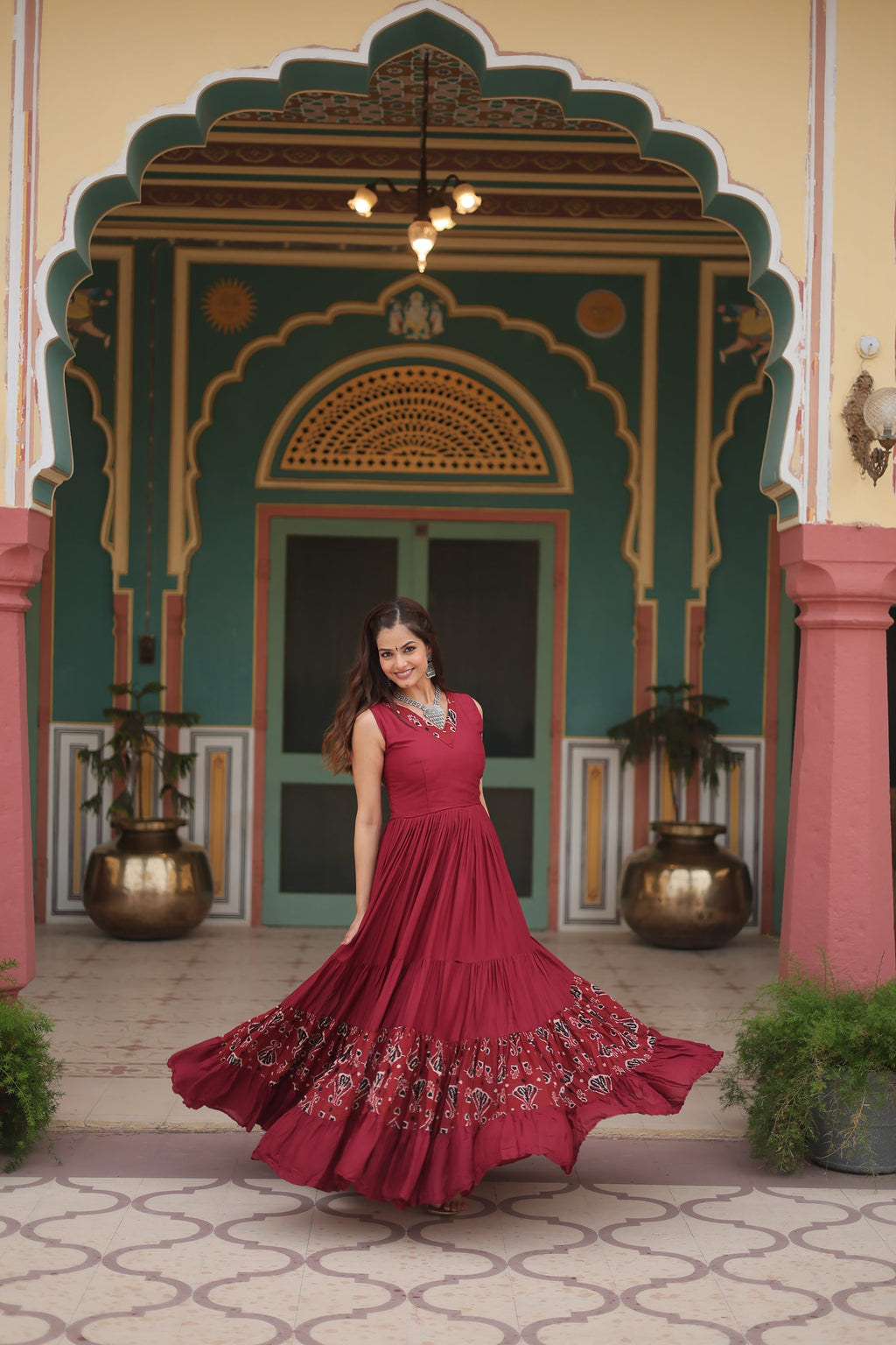 Nishka maroon festive wear printed Anarkali gown