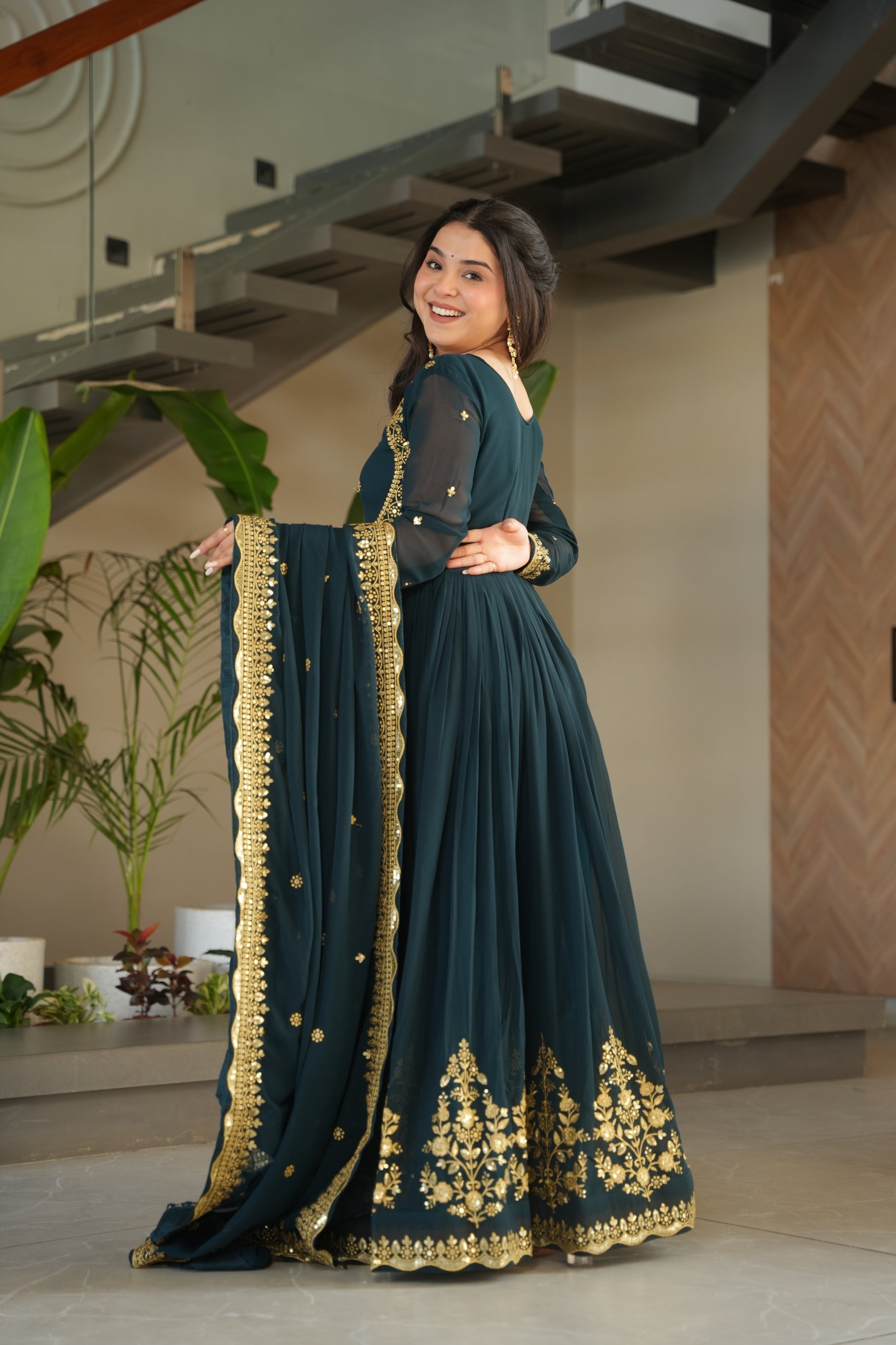 Rama green embroidered Anarkali gown set for women with dupatta, elegant floor-length ethnic outfit featuring detailed zari and sequin embroidery, designer party wear gown with flared silhouette and full sleeves, perfect for wedding functions, festive wear, engagement, and traditional Indian celebrations in 2025 ethnic fashion trends.