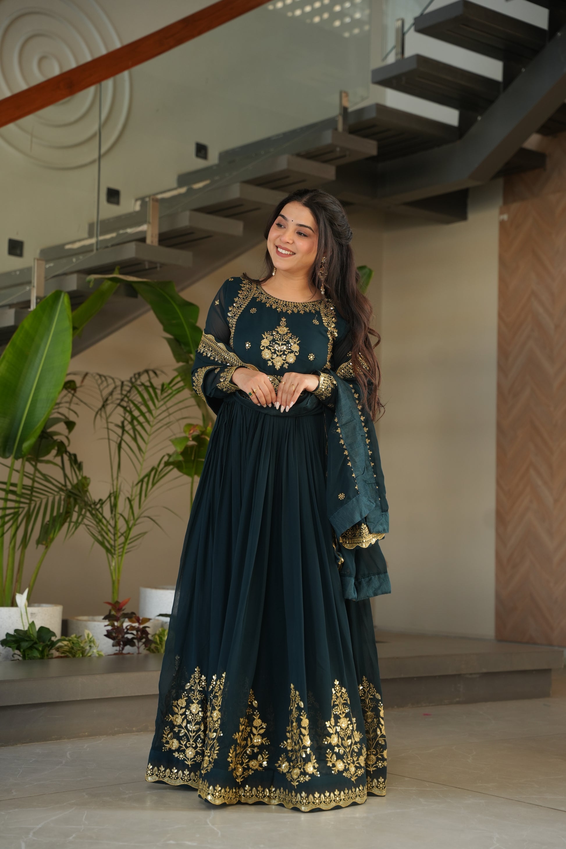Rama green embroidered Anarkali gown set for women with dupatta, elegant floor-length ethnic outfit featuring detailed zari and sequin embroidery, designer party wear gown with flared silhouette and full sleeves, perfect for wedding functions, festive wear, engagement, and traditional Indian celebrations in 2025 ethnic fashion trends.