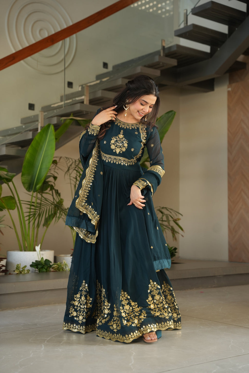 Rama green embroidered Anarkali gown set for women with dupatta, elegant floor-length ethnic outfit featuring detailed zari and sequin embroidery, designer party wear gown with flared silhouette and full sleeves, perfect for wedding functions, festive wear, engagement, and traditional Indian celebrations in 2025 ethnic fashion trends.
