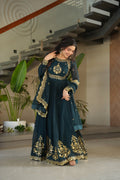 Rama green embroidered Anarkali gown set for women with dupatta, elegant floor-length ethnic outfit featuring detailed zari and sequin embroidery, designer party wear gown with flared silhouette and full sleeves, perfect for wedding functions, festive wear, engagement, and traditional Indian celebrations in 2025 ethnic fashion trends.