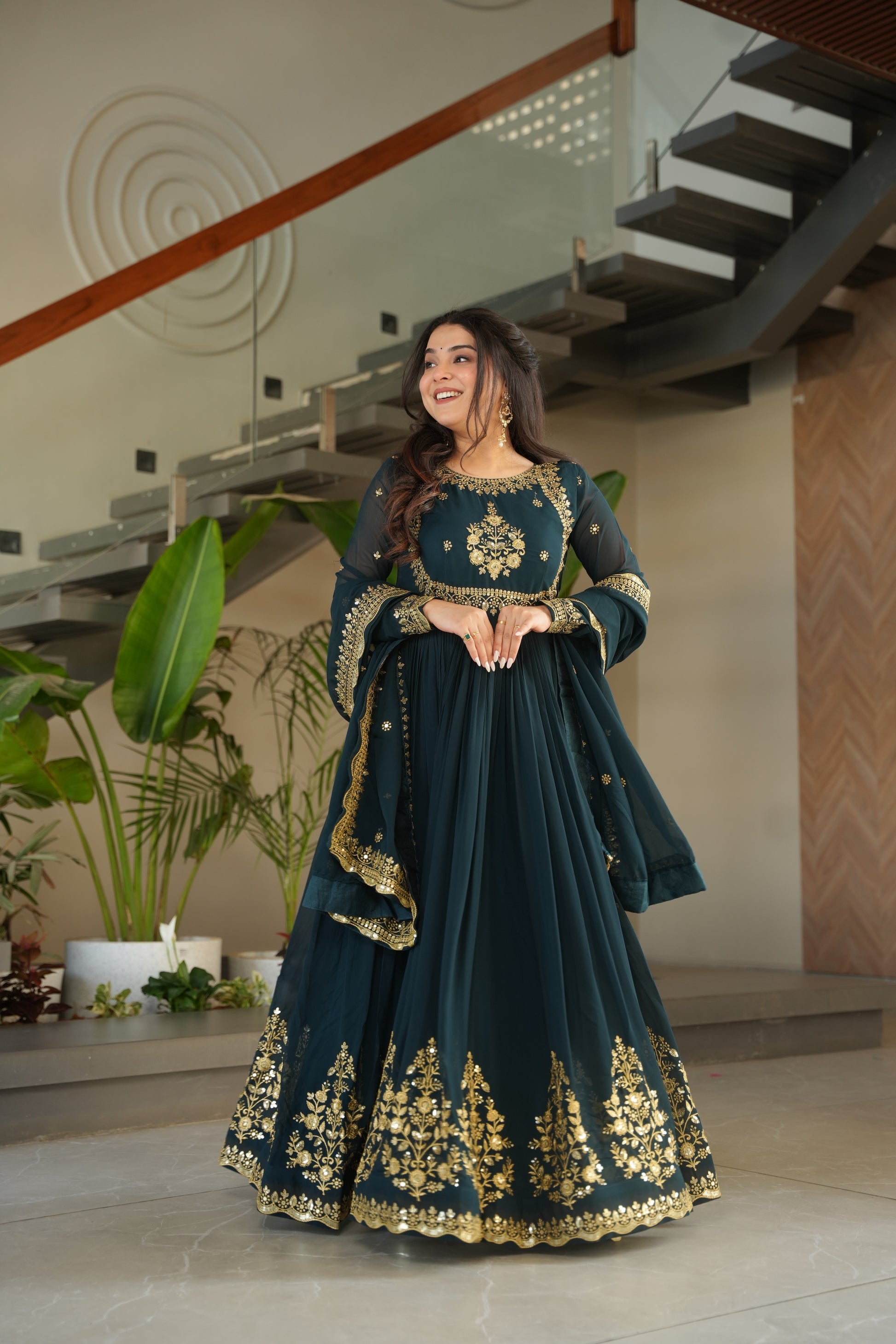 Rama green embroidered Anarkali gown set for women with dupatta, elegant floor-length ethnic outfit featuring detailed zari and sequin embroidery, designer party wear gown with flared silhouette and full sleeves, perfect for wedding functions, festive wear, engagement, and traditional Indian celebrations in 2025 ethnic fashion trends.