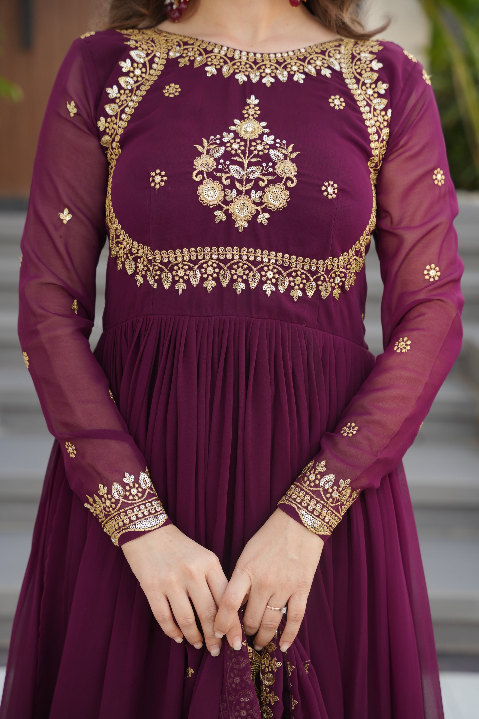 Nityashree Wine Embroidered Anarkali Gown Set