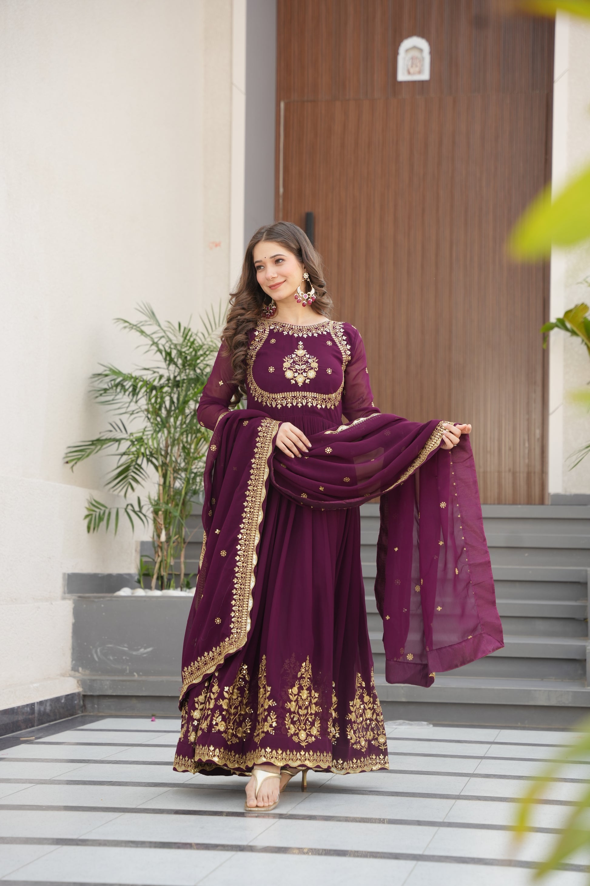 Nityashree Wine Embroidered Anarkali Gown Set