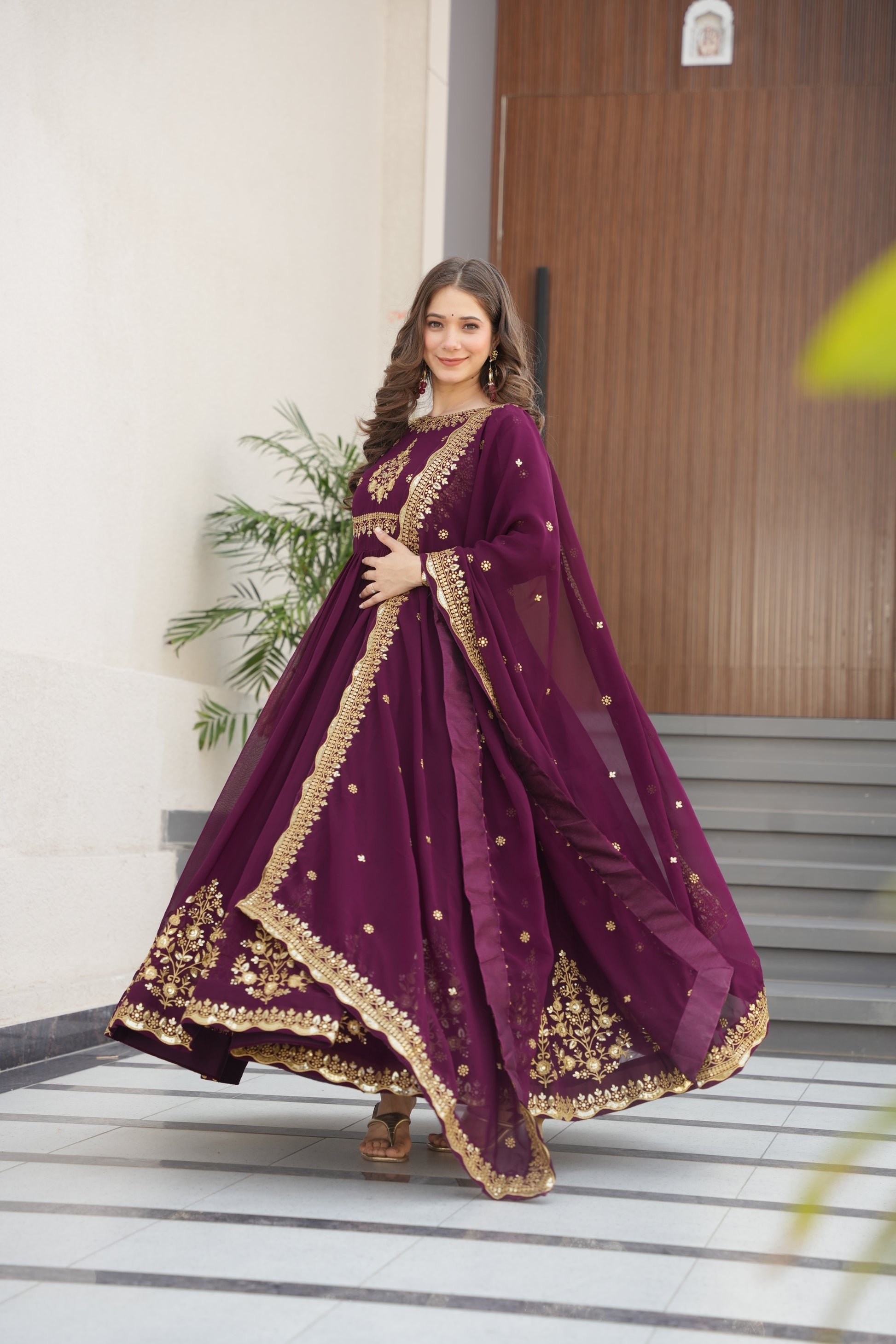 Nityashree Wine Embroidered Anarkali Gown Set
