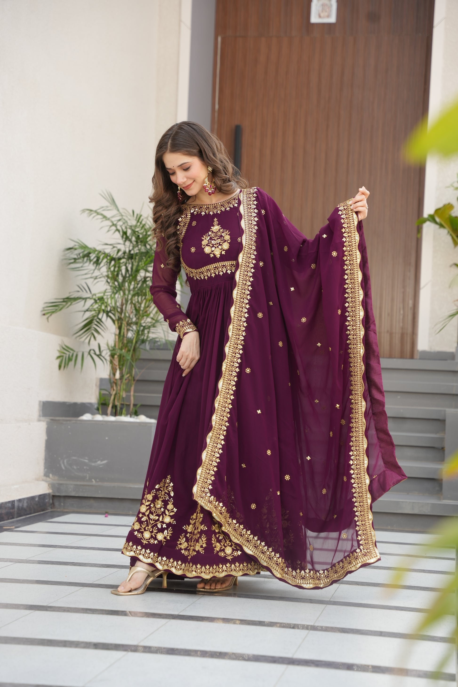 Nityashree Wine Embroidered Anarkali Gown Set