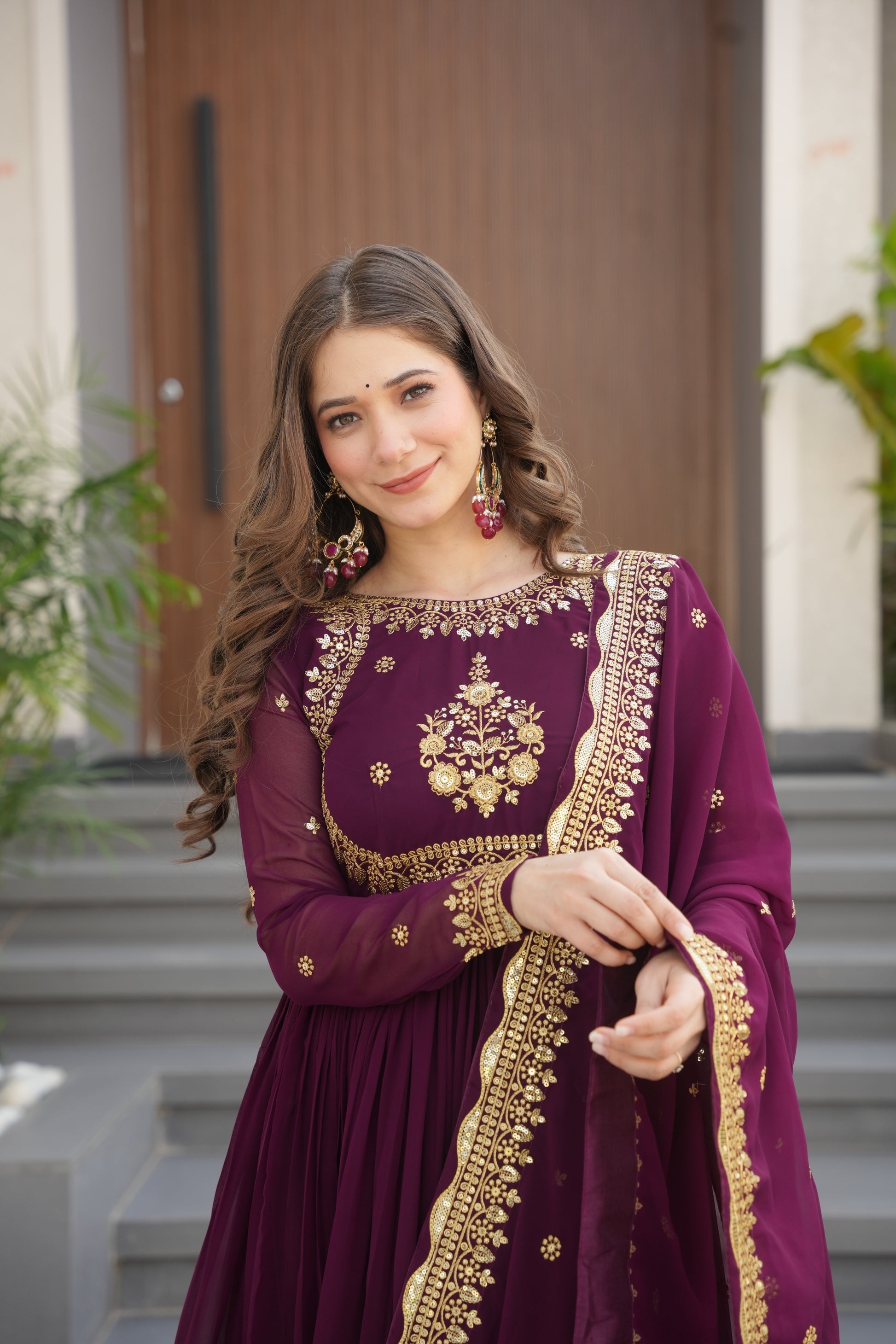 Nityashree Wine Embroidered Anarkali Gown Set