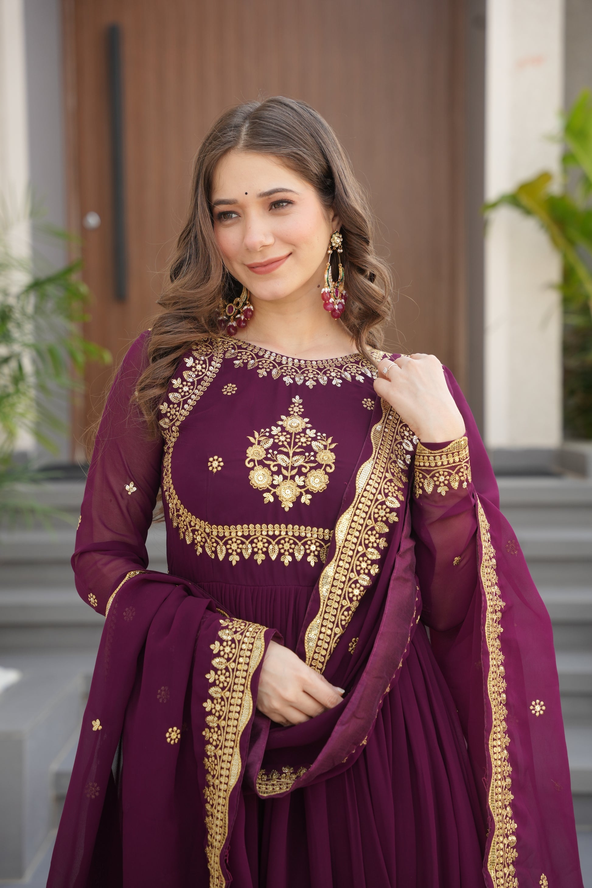 Nityashree Wine Embroidered Anarkali Gown Set
