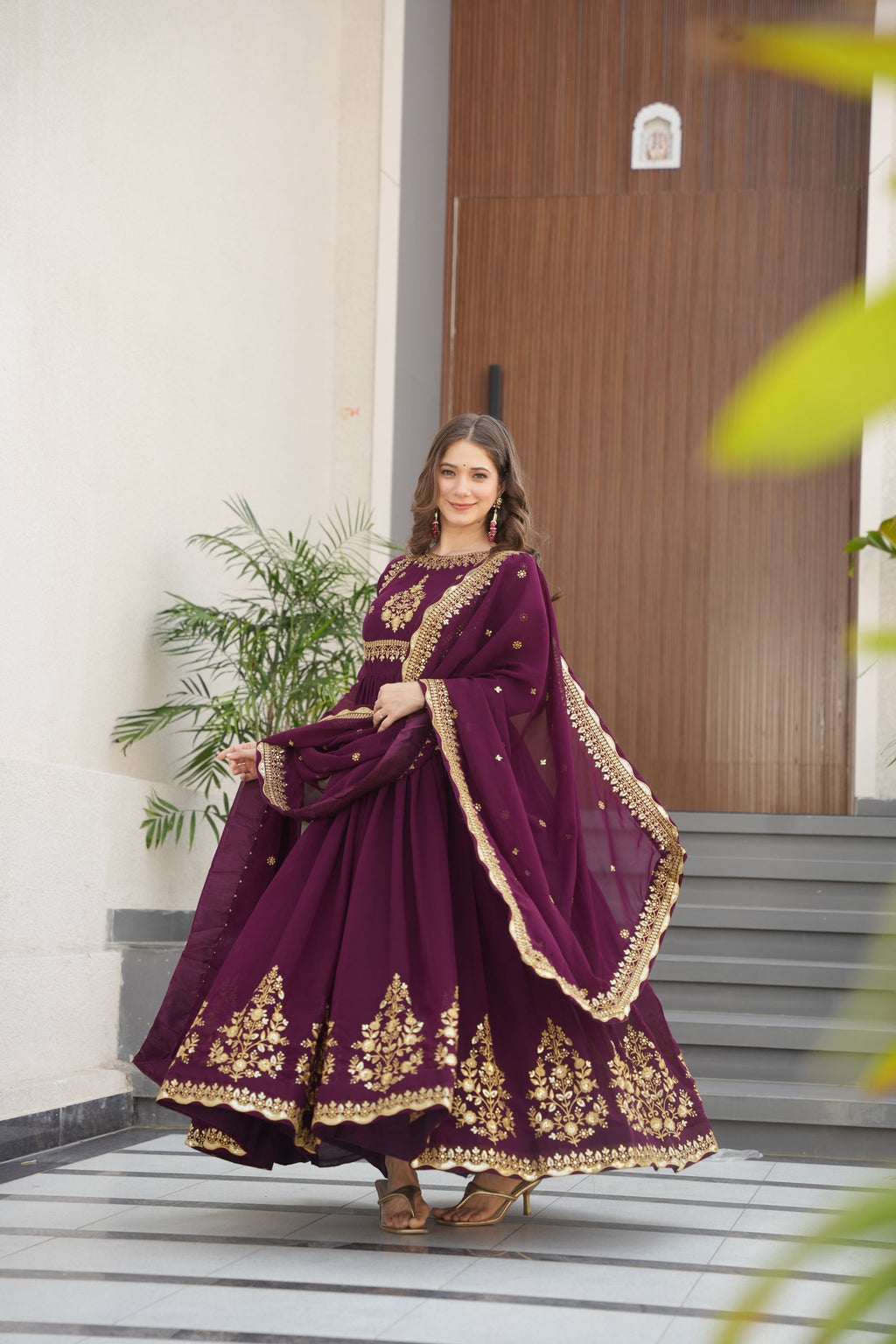 Nityashree Wine Embroidered Anarkali Gown Set
