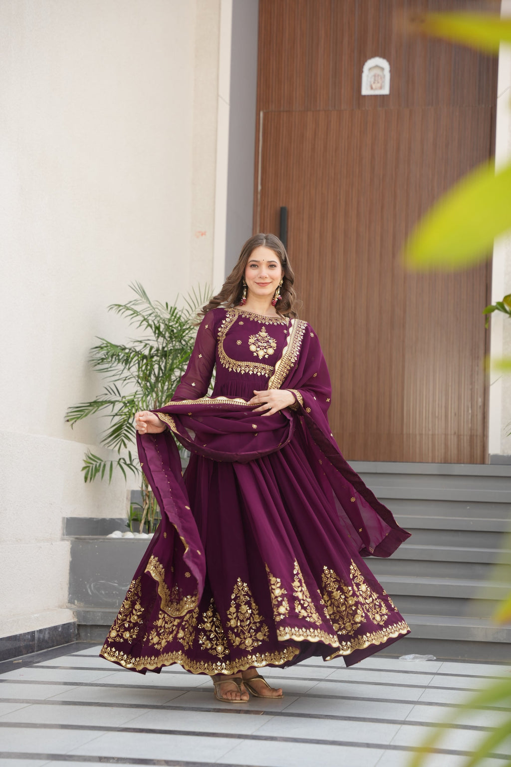 Nityashree Wine Embroidered Anarkali Gown Set