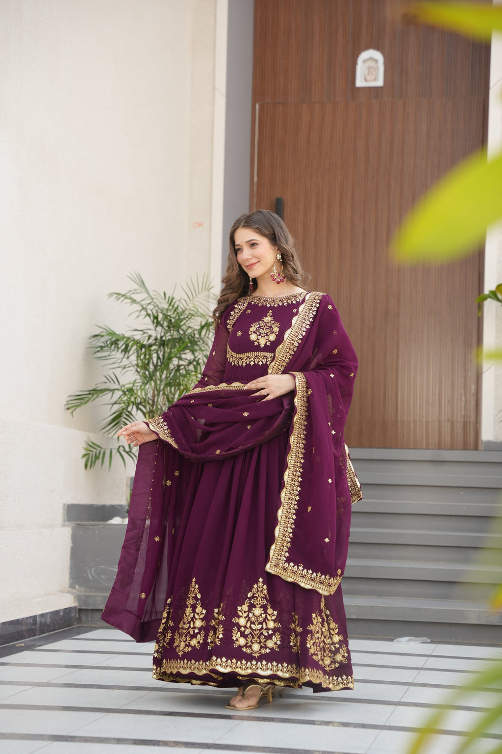 Nityashree Wine Embroidered Anarkali Gown Set