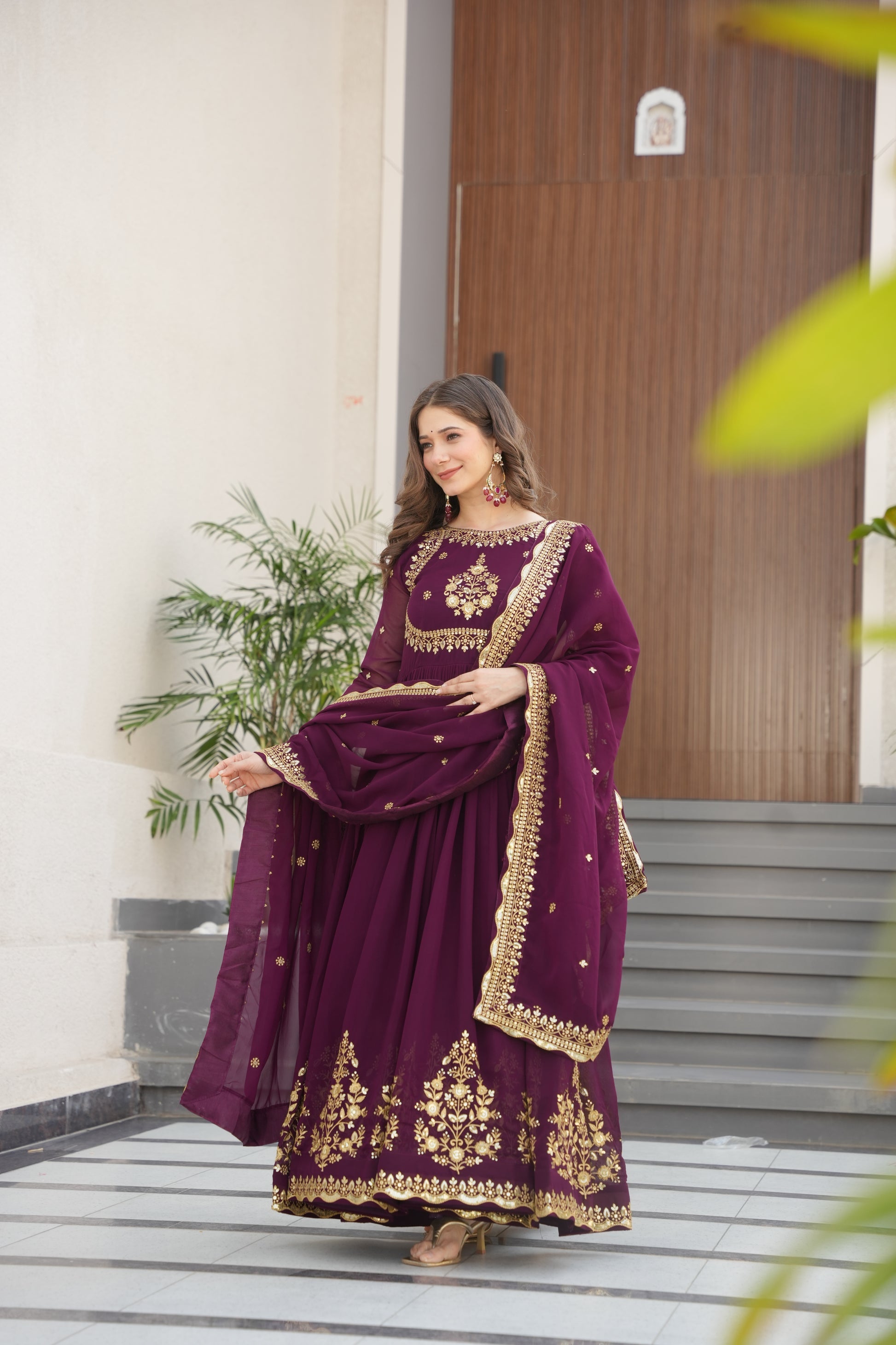 Nityashree Wine Embroidered Anarkali Gown Set