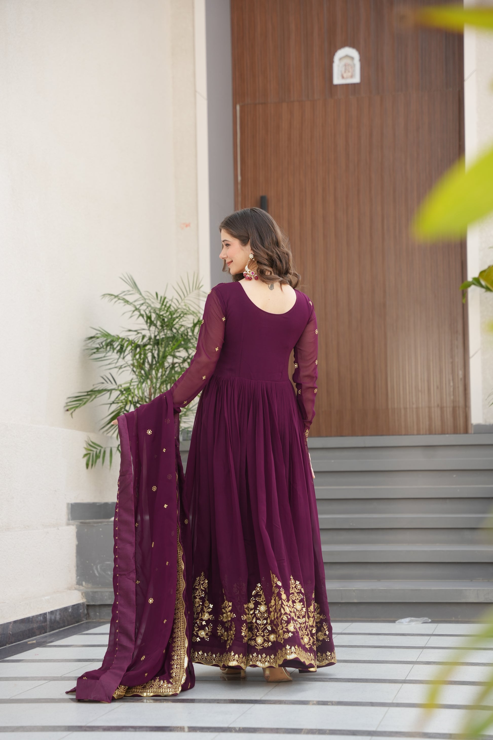 Nityashree Wine Embroidered Anarkali Gown Set