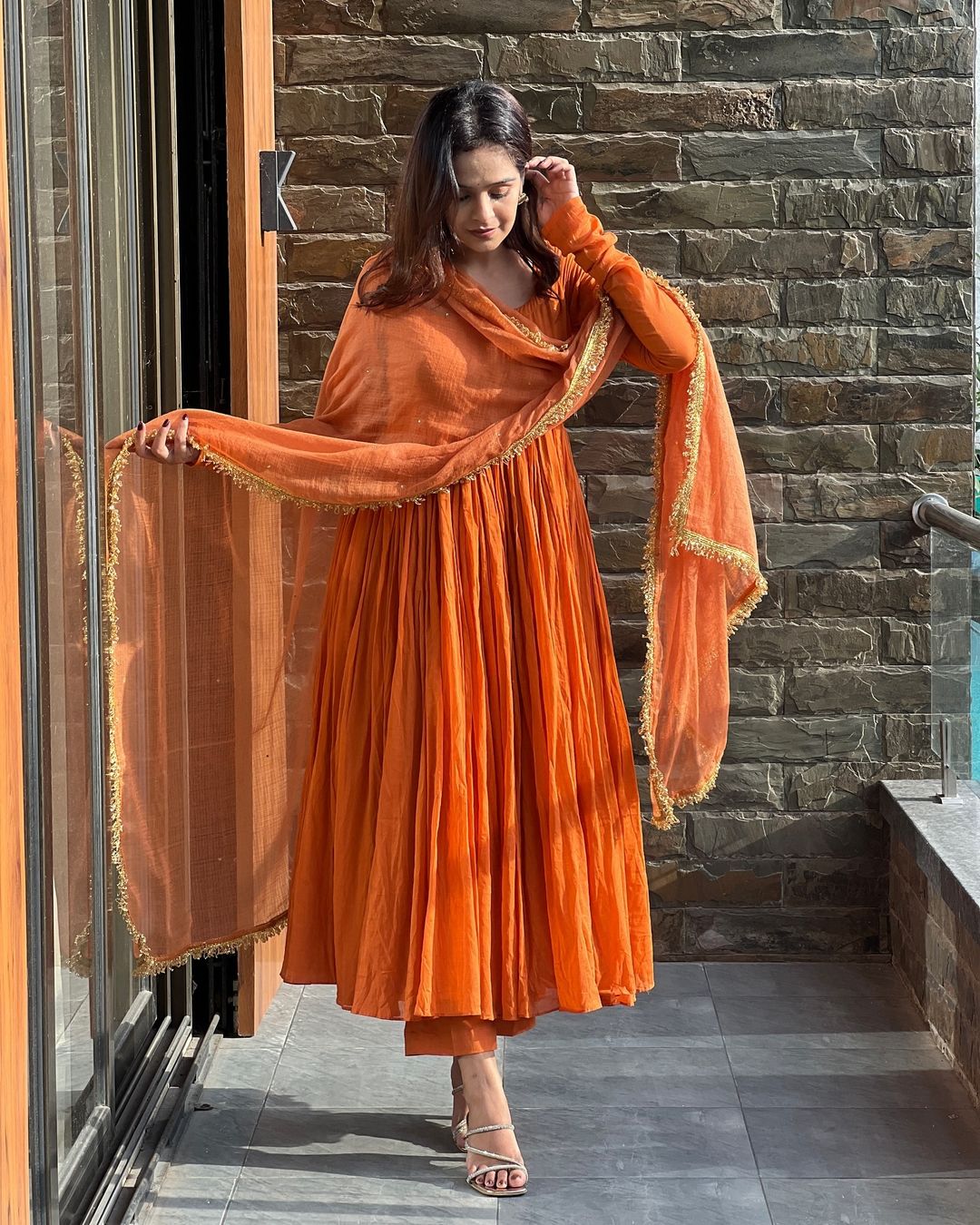 Nivanshi Orange Chinon Silk Anarkali Suit Set