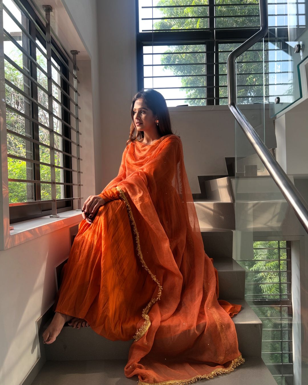 Nivanshi Orange Chinon Silk Anarkali Suit Set
