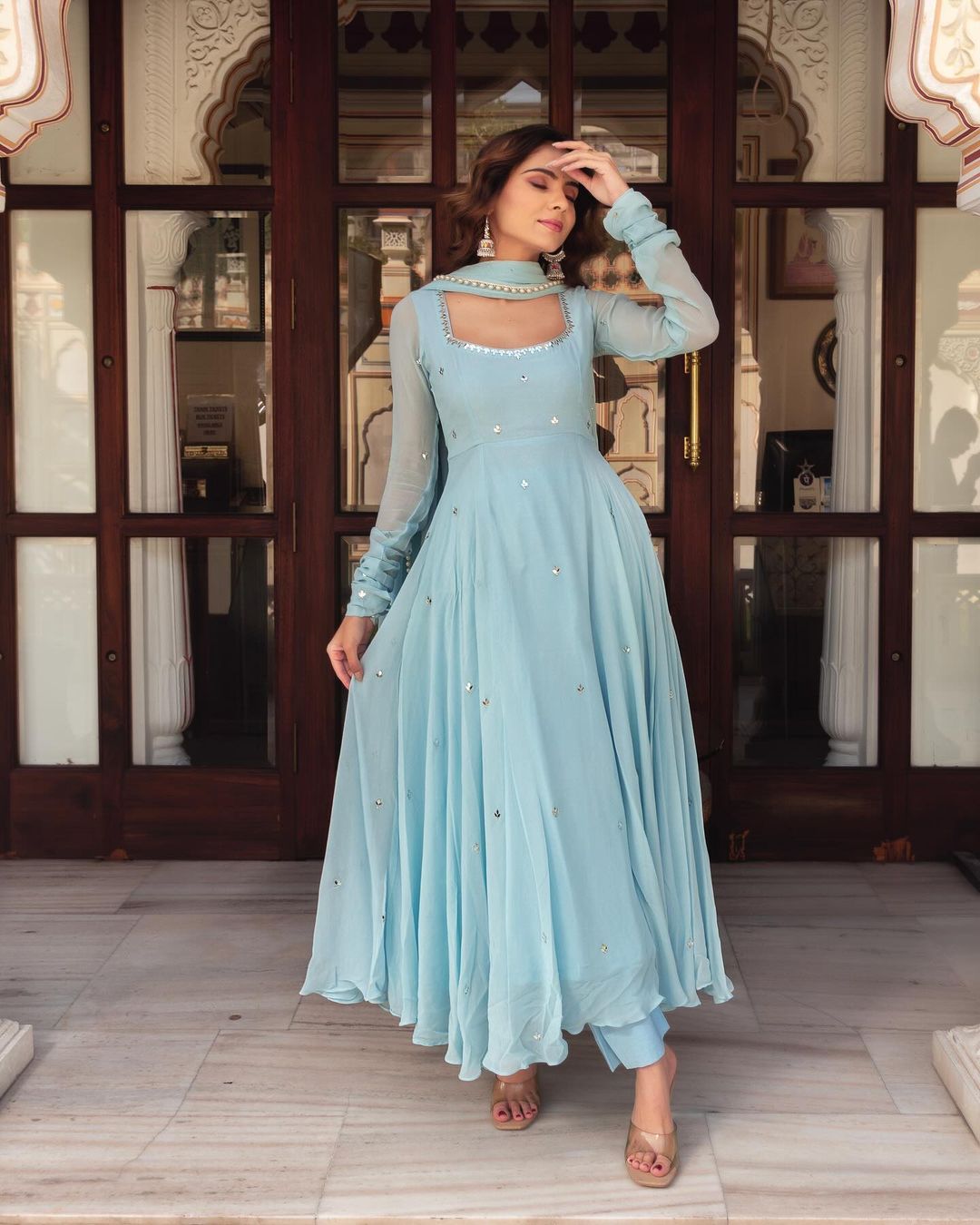 Niya sky blue georgette embroidered Anarkali suit set