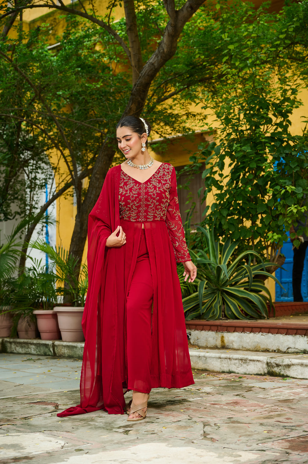 Niyu maroon faux blooming kurti with thread embroidery and bottom set
