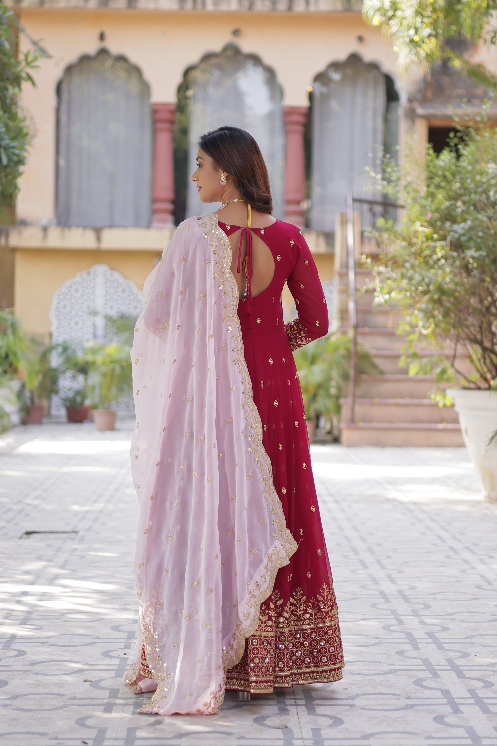 Nyasa Pink Georgette Embroidered Anarkali Gown Set