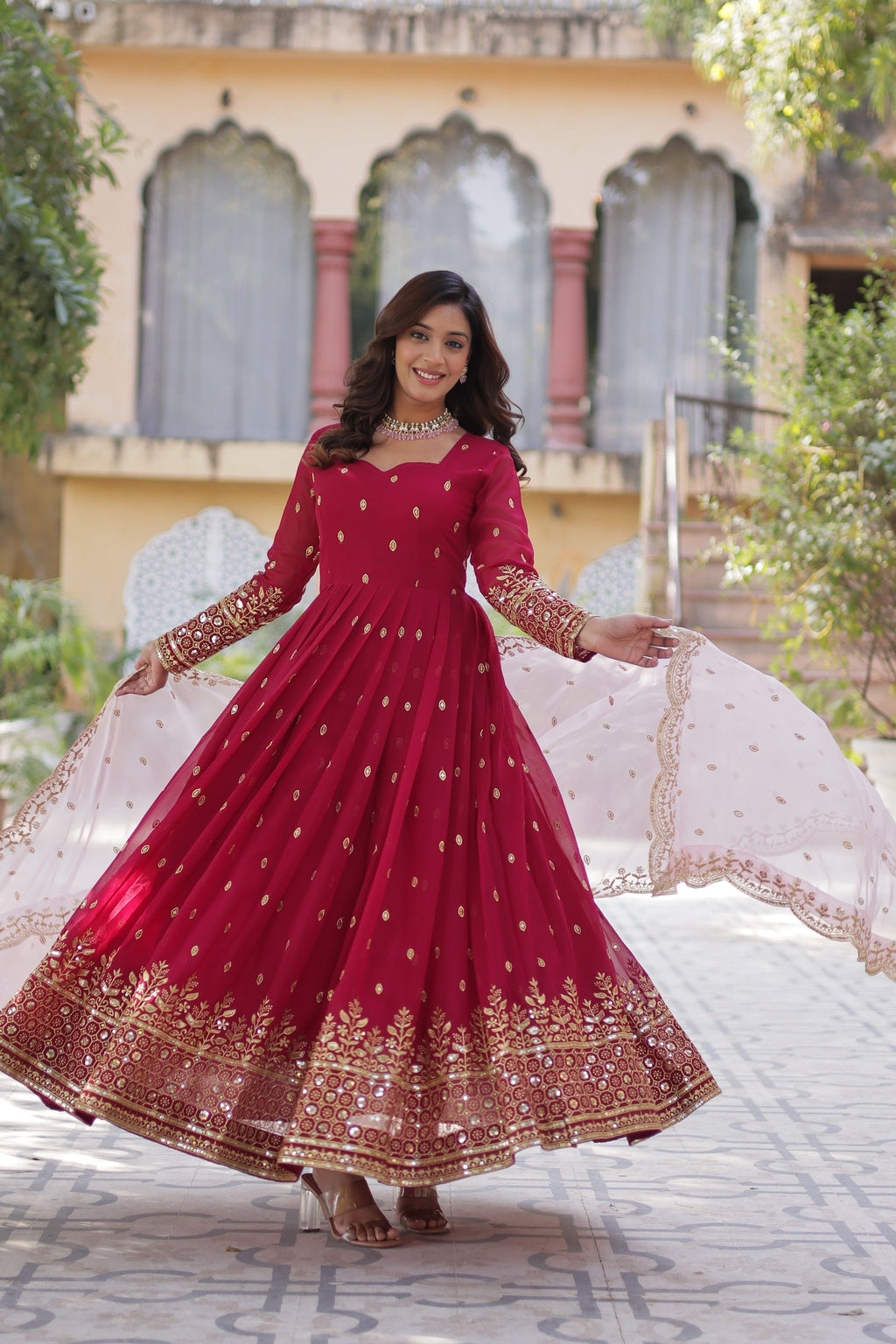 Nyasa Pink Georgette Embroidered Anarkali Gown Set