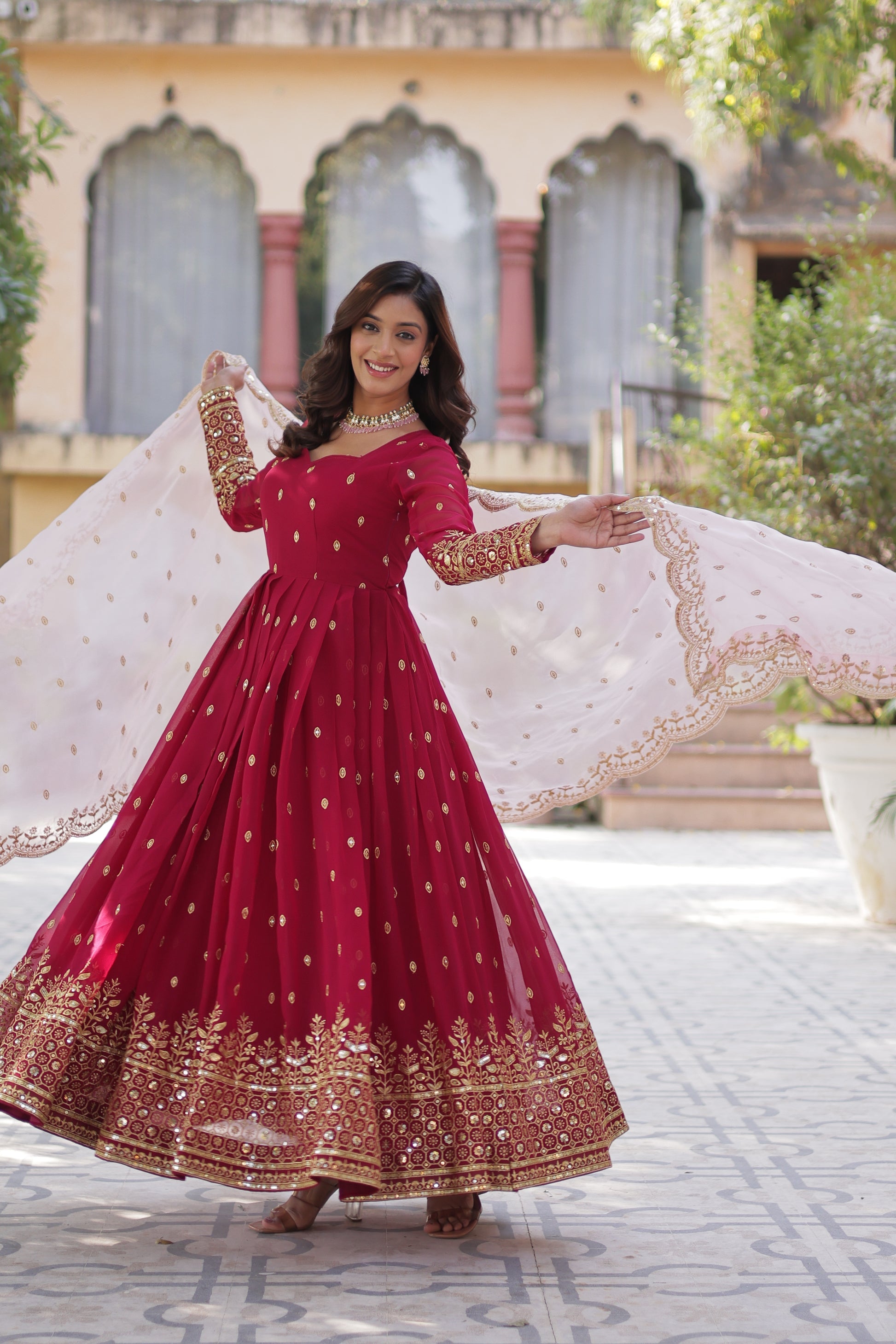 Nyasa Pink Georgette Embroidered Anarkali Gown Set