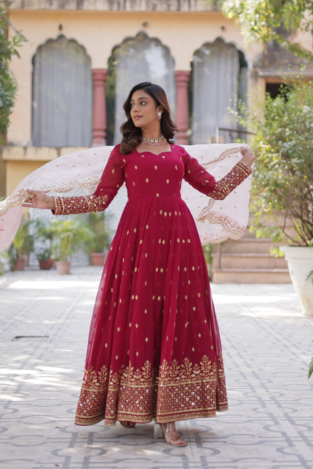 Nyasa Pink Georgette Embroidered Anarkali Gown Set