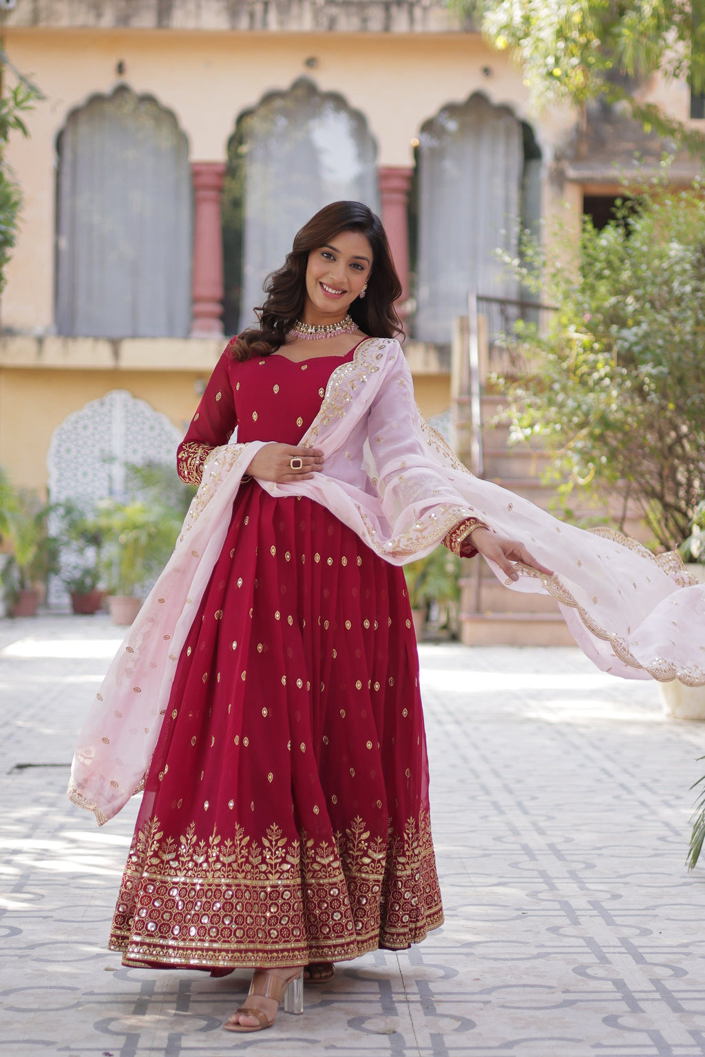 Nyasa Pink Georgette Embroidered Anarkali Gown Set