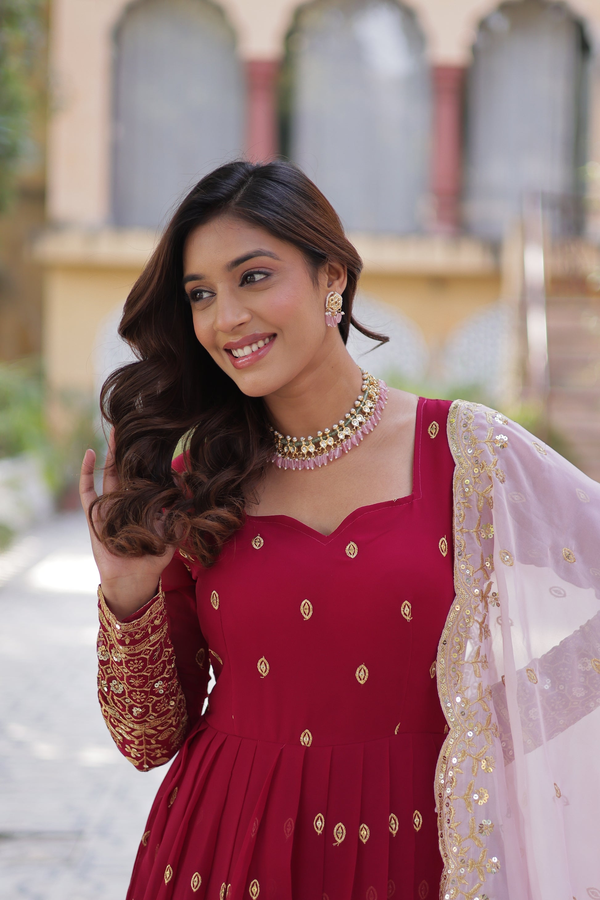 Nyasa Pink Georgette Embroidered Anarkali Gown Set