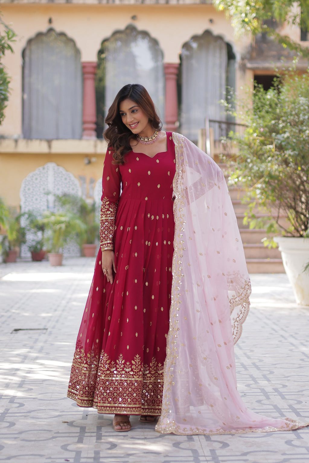 Nyasa Pink Georgette Embroidered Anarkali Gown Set