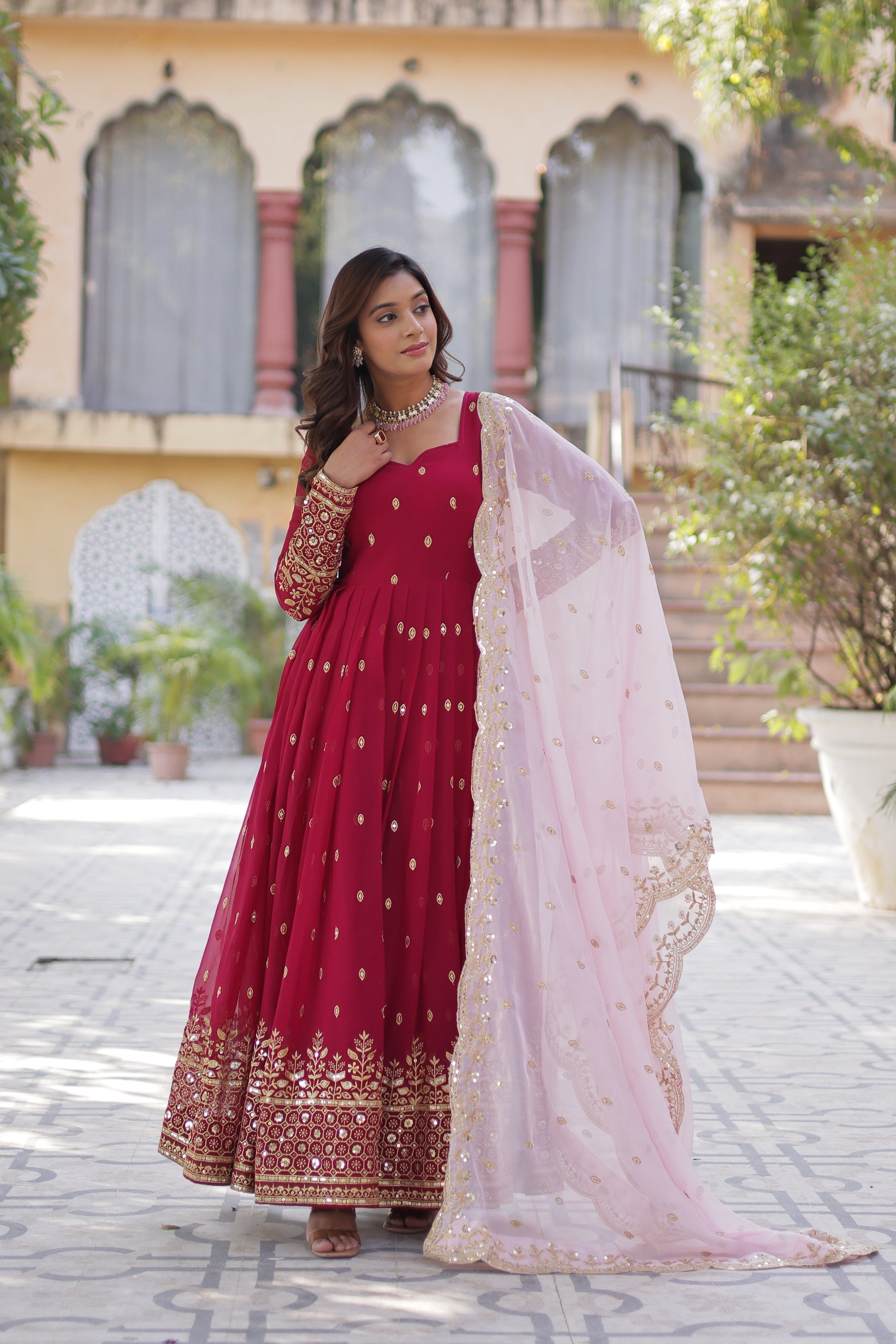 Nyasa Pink Georgette Embroidered Anarkali Gown Set