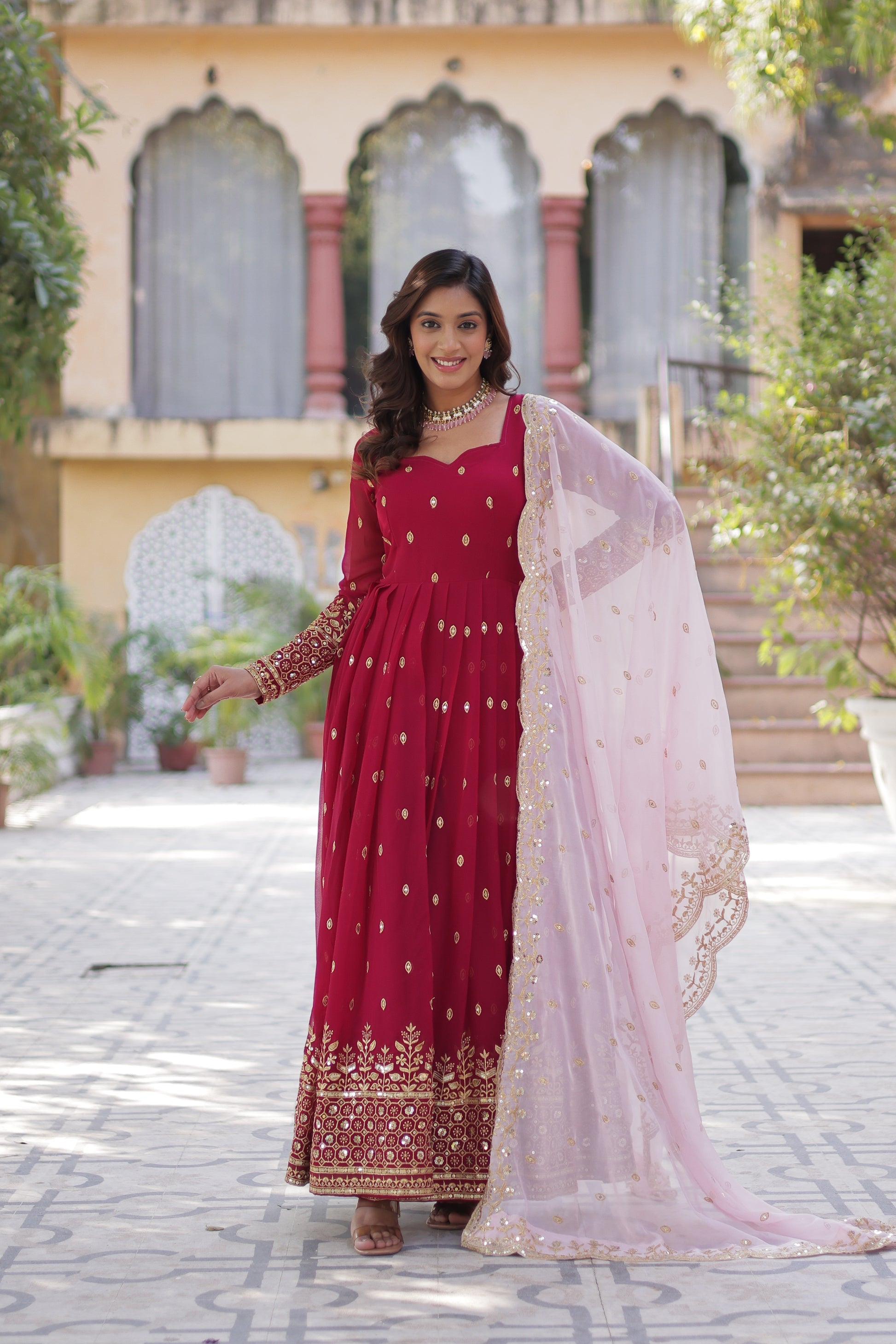 Nyasa Pink Georgette Embroidered Anarkali Gown Set