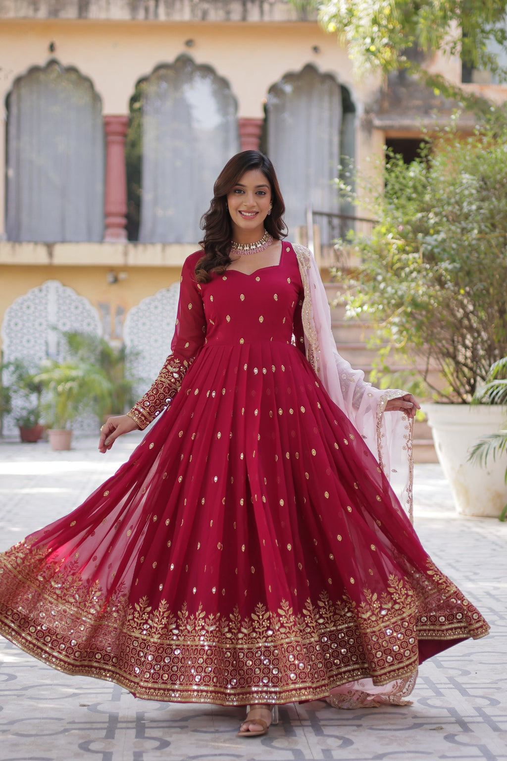 Nyasa Pink Georgette Embroidered Anarkali Gown Set