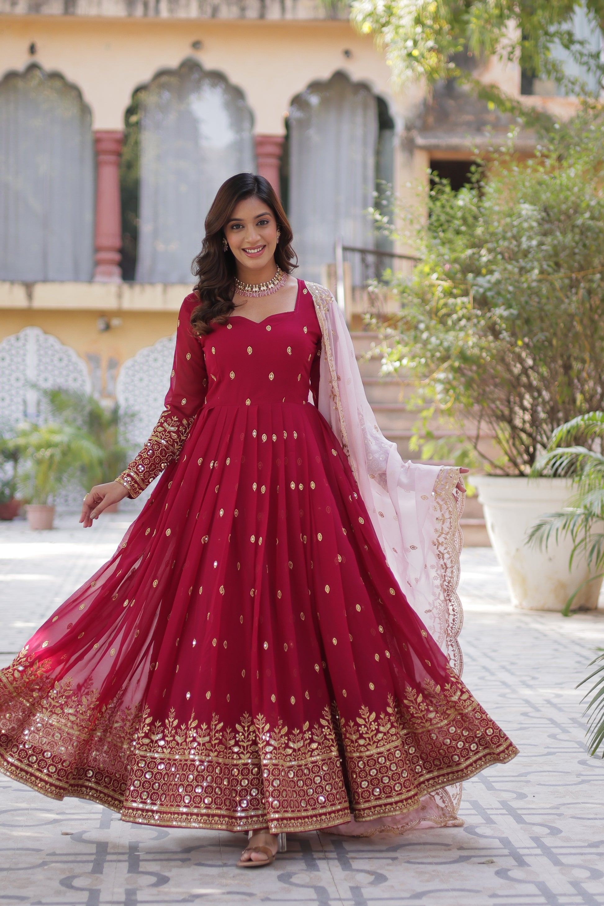 Nyasa Pink Georgette Embroidered Anarkali Gown Set