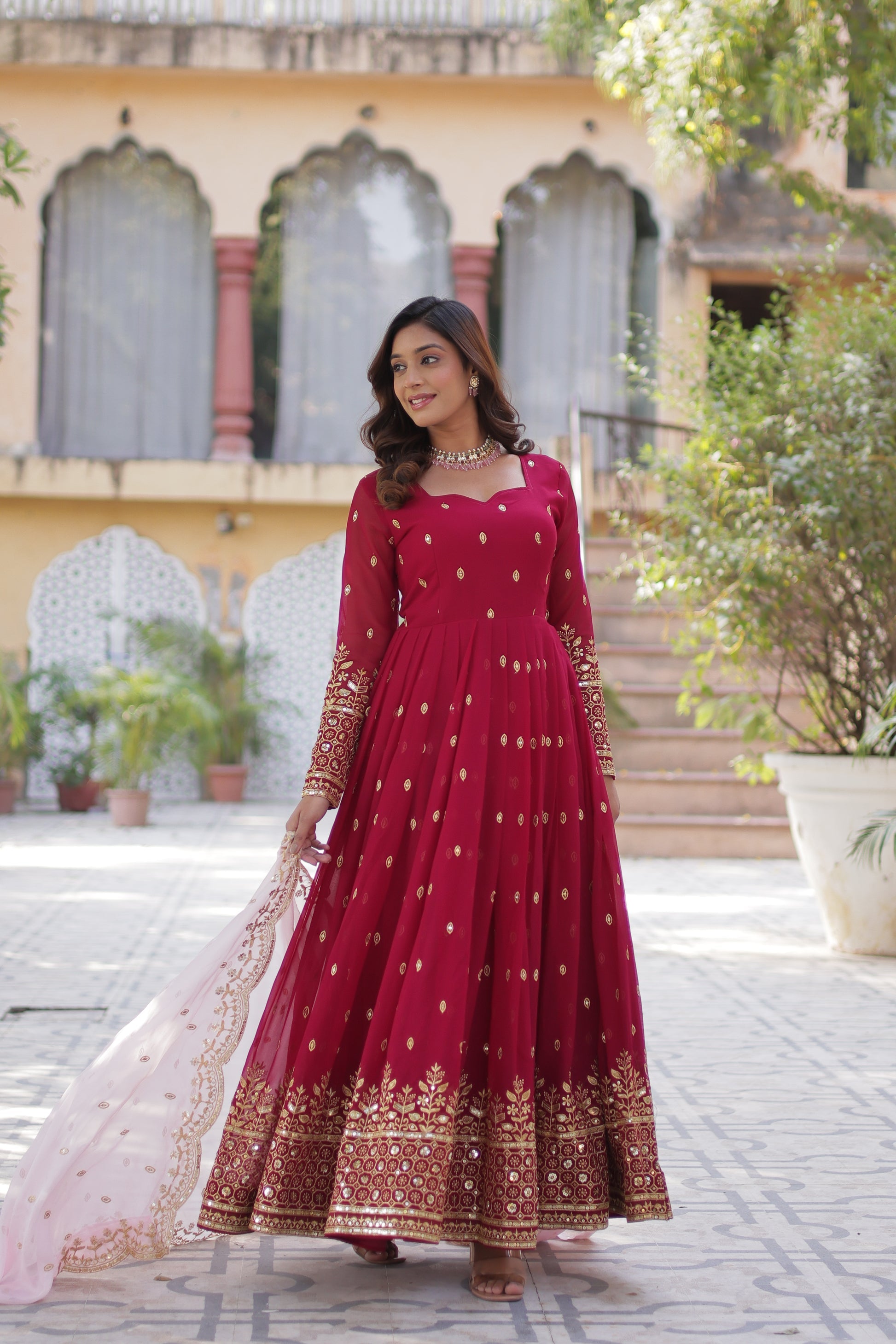 Nyasa Pink Georgette Embroidered Anarkali Gown Set