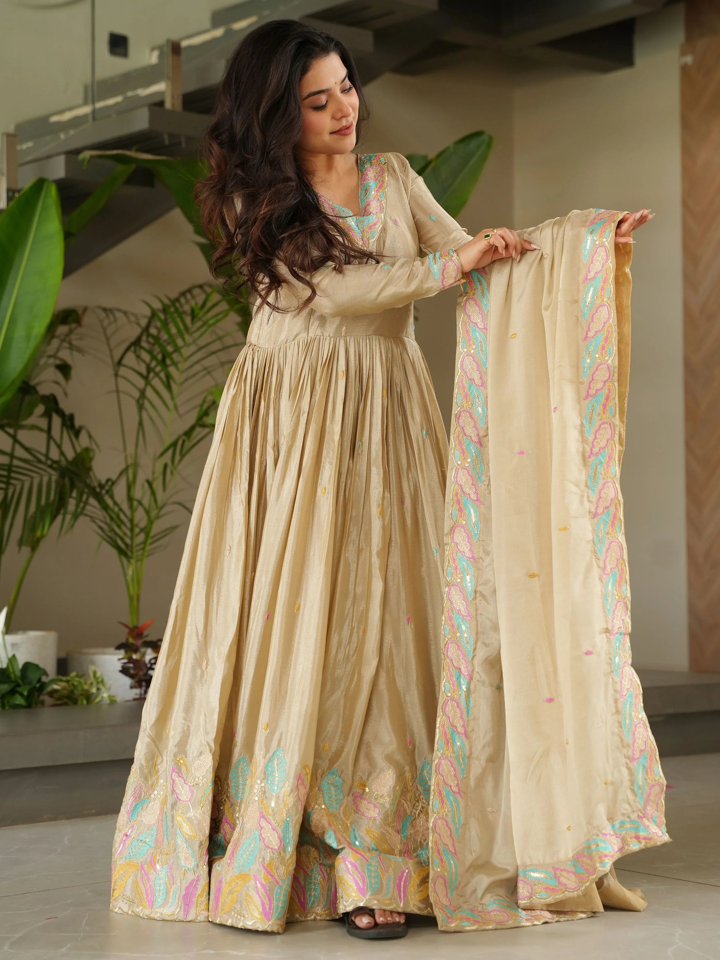 Off-White Chinnon Sequins and Multi Thread Embroidered Gown with Dupatta